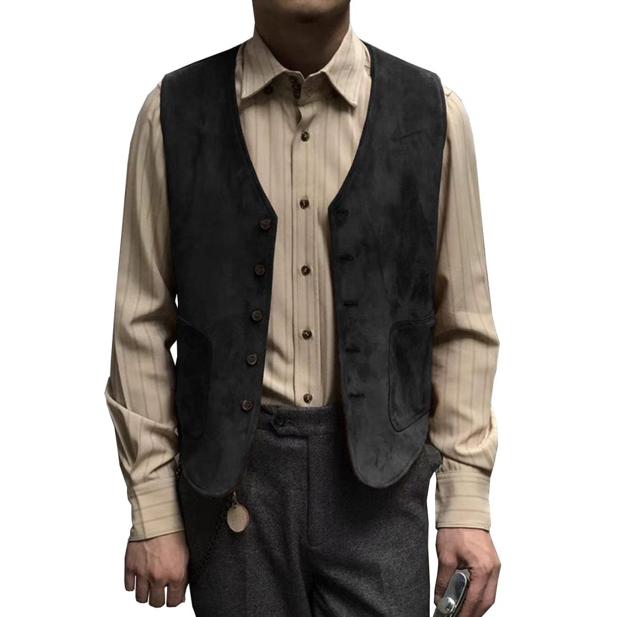 ceehuteey Men's Suede Cowboy V Neck Denim Jacket Waistcoat