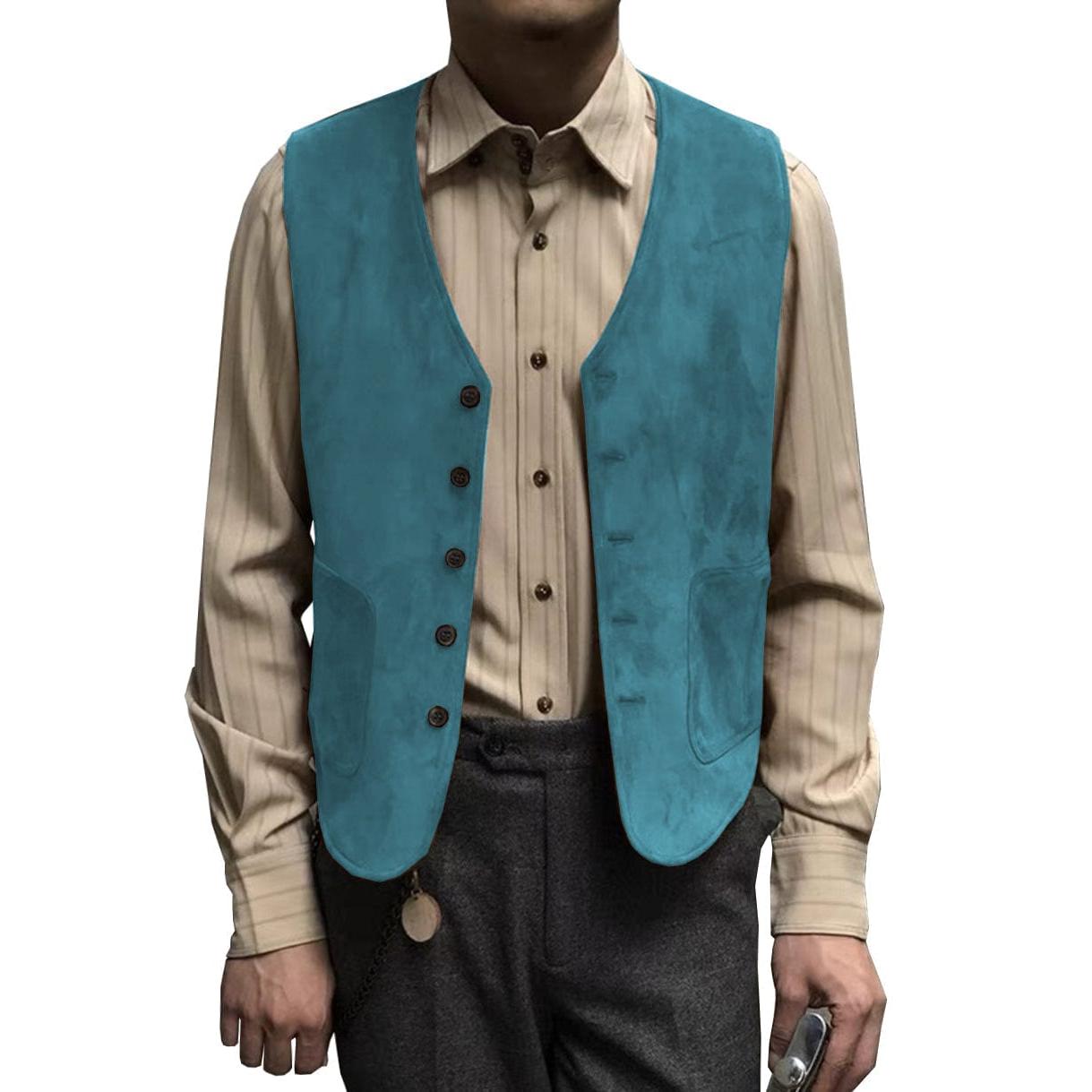 ceehuteey Men's Suede Cowboy V Neck Denim Jacket Waistcoat