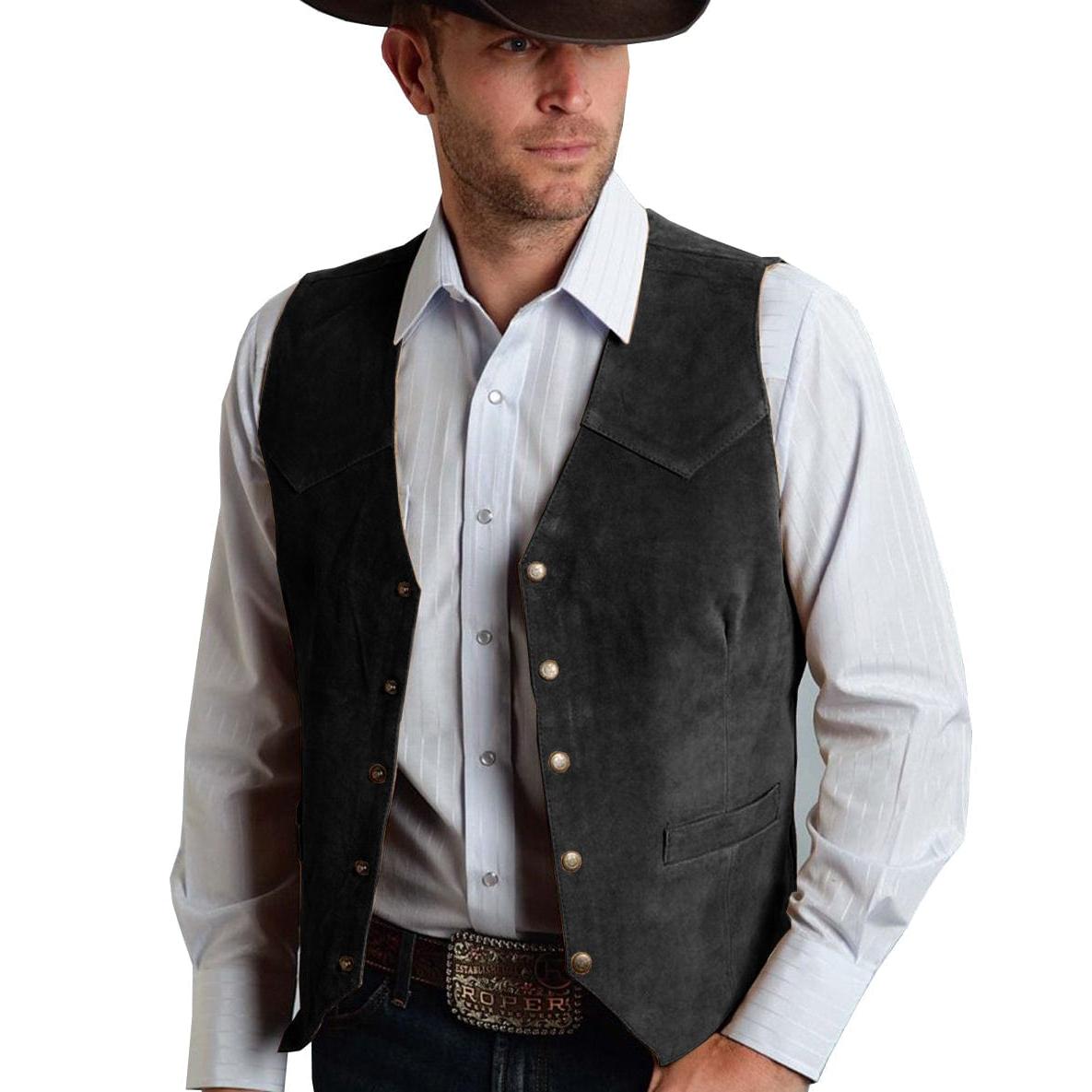 ceehuteey Men's Suede V  Denim Jacket Neck Waistcoat Denim Jacket