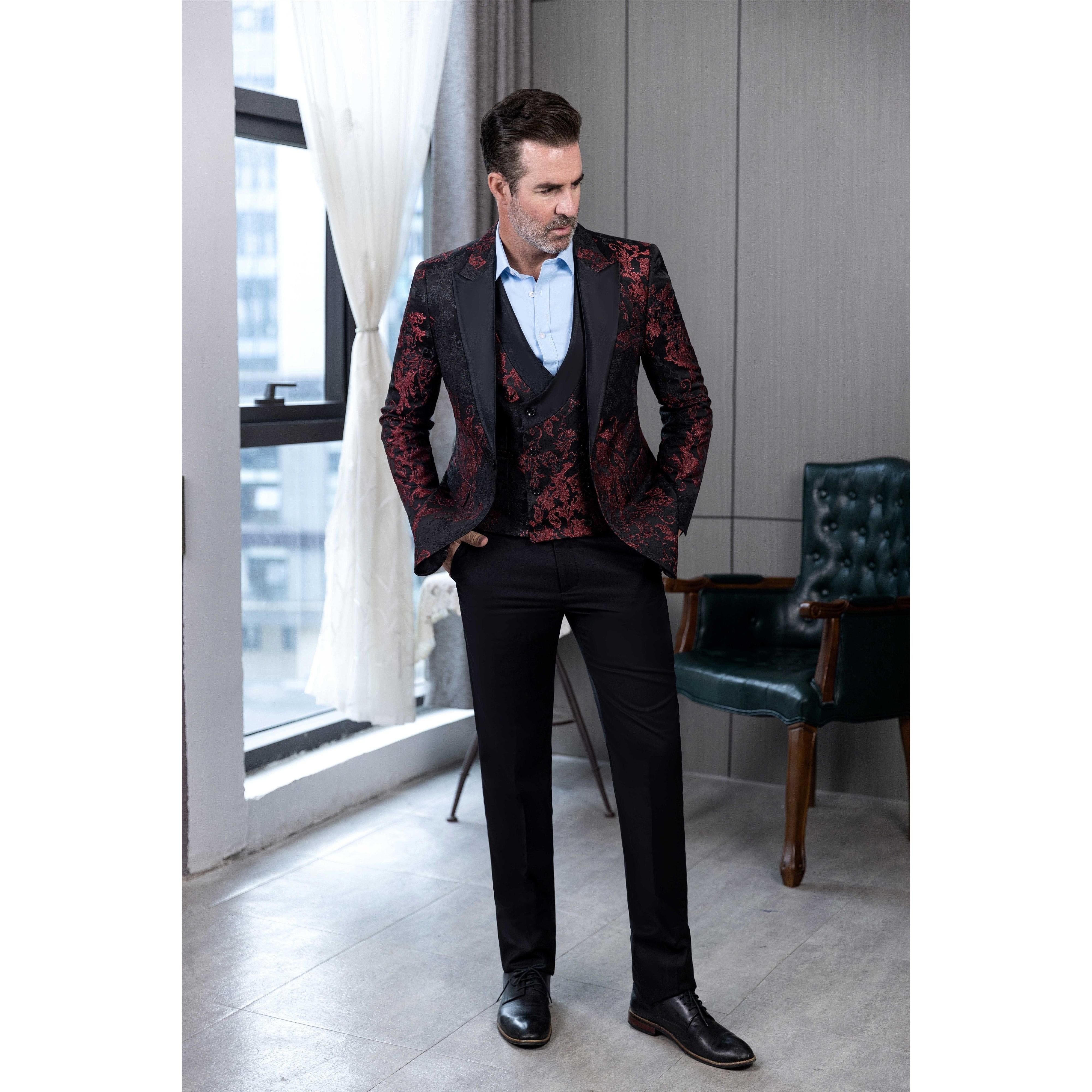ceehuteey Men's Suit Double Breasted patterned Peak lapel 2 Piece Business Tuxedos (Blazer + Vest + Pants)