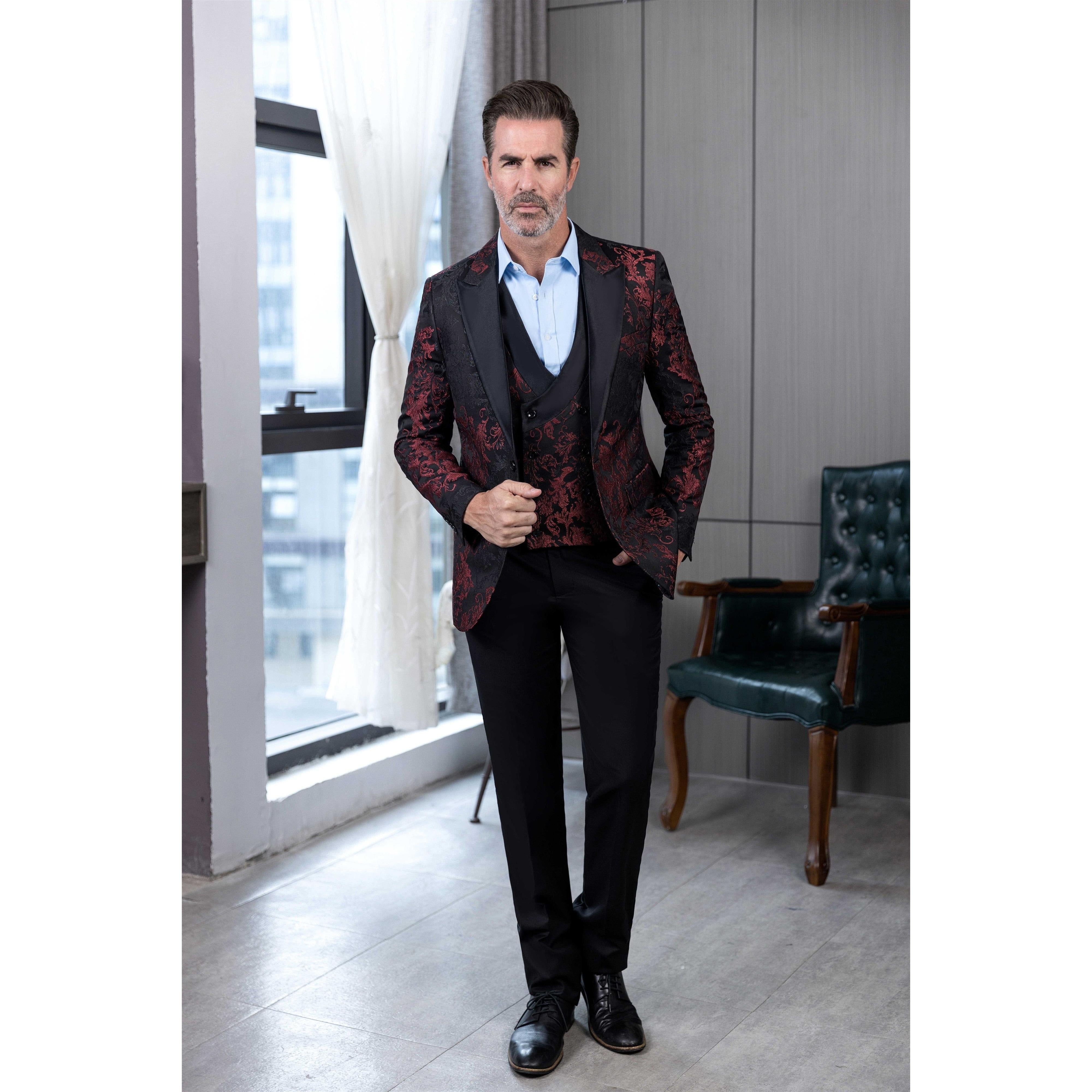 ceehuteey Men's Suit Double Breasted patterned Peak lapel 2 Piece Business Tuxedos (Blazer + Vest + Pants)