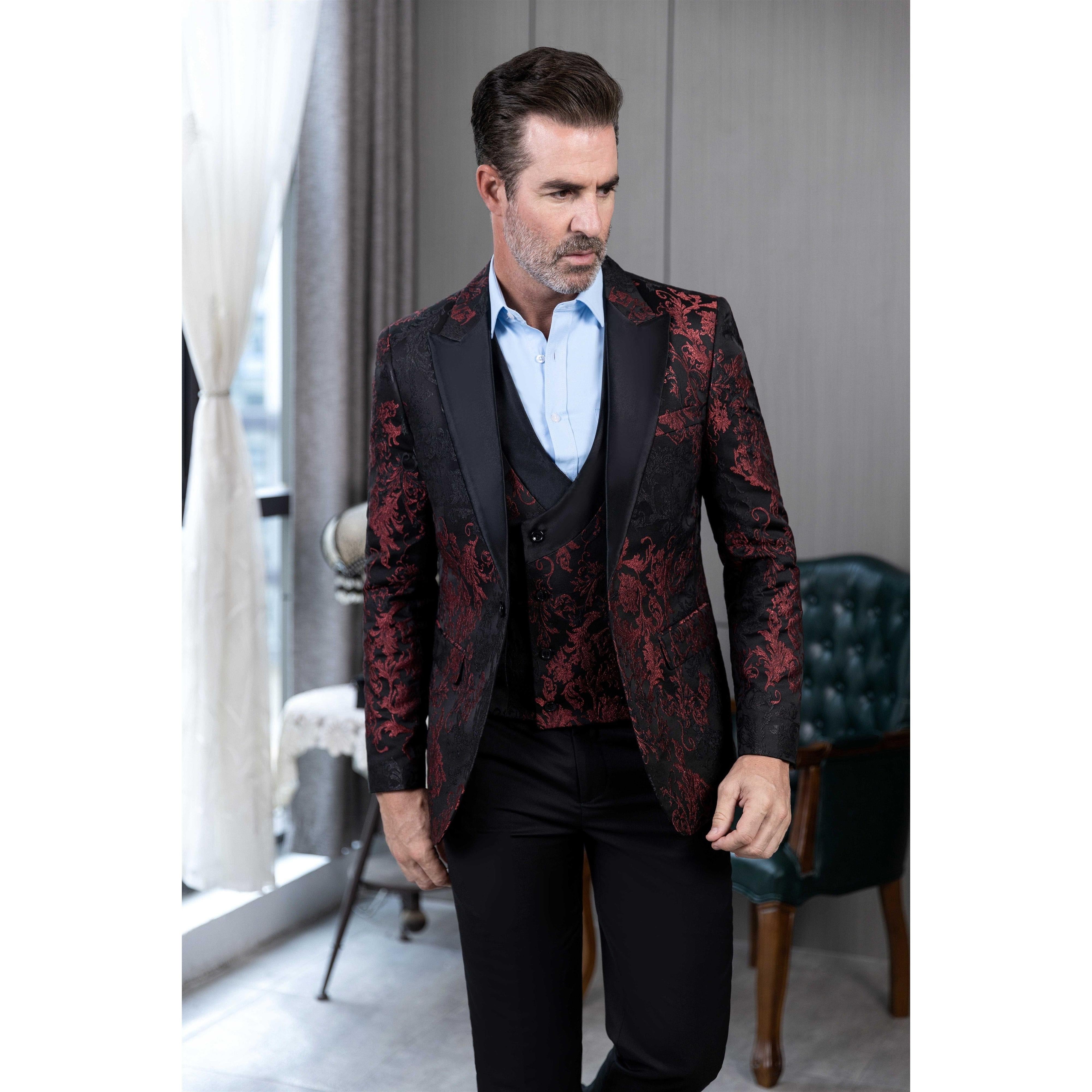 ceehuteey Men's Suit Double Breasted patterned Peak lapel 2 Piece Business Tuxedos (Blazer + Vest + Pants)