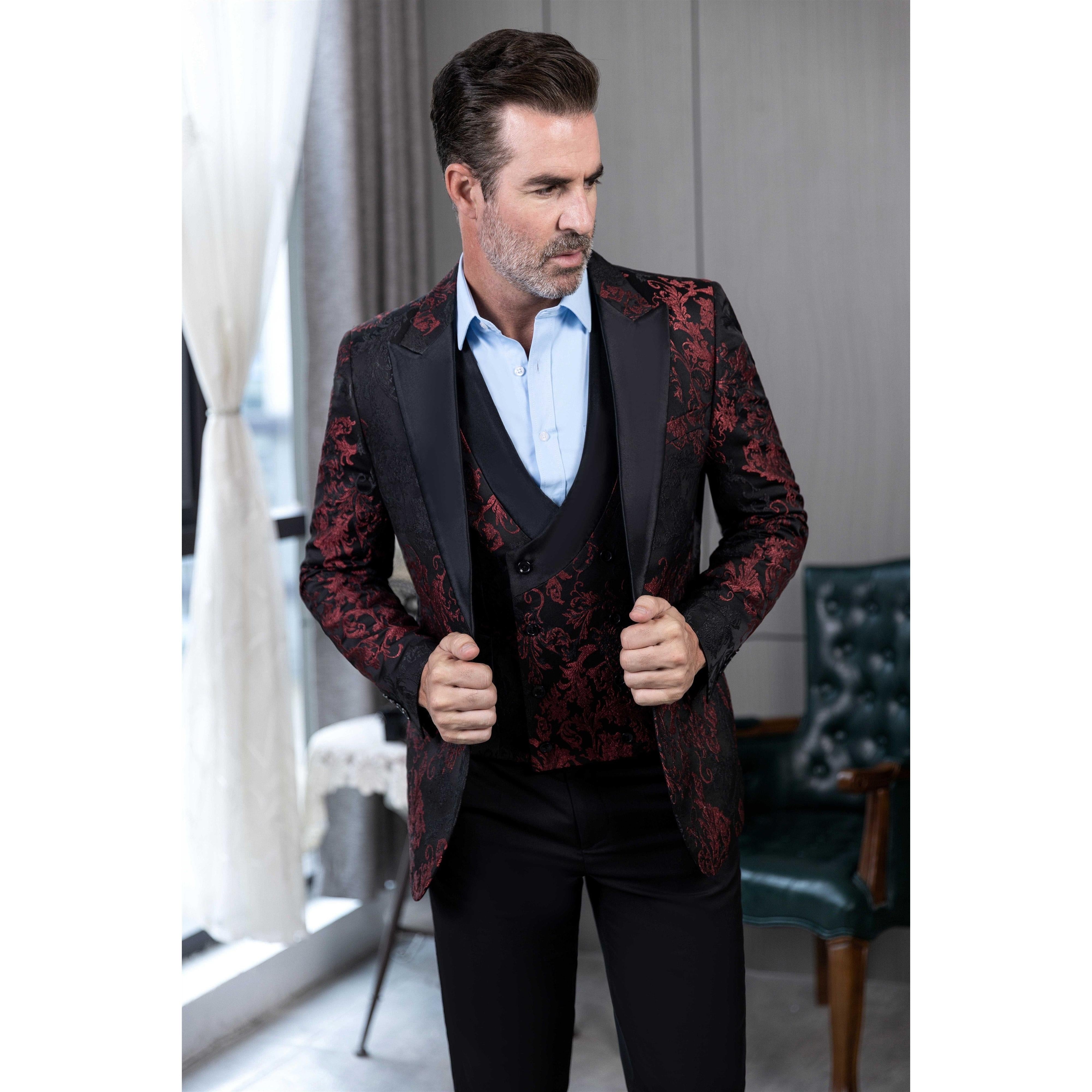 ceehuteey Men's Suit Double Breasted patterned Peak lapel 2 Piece Business Tuxedos (Blazer + Vest + Pants)