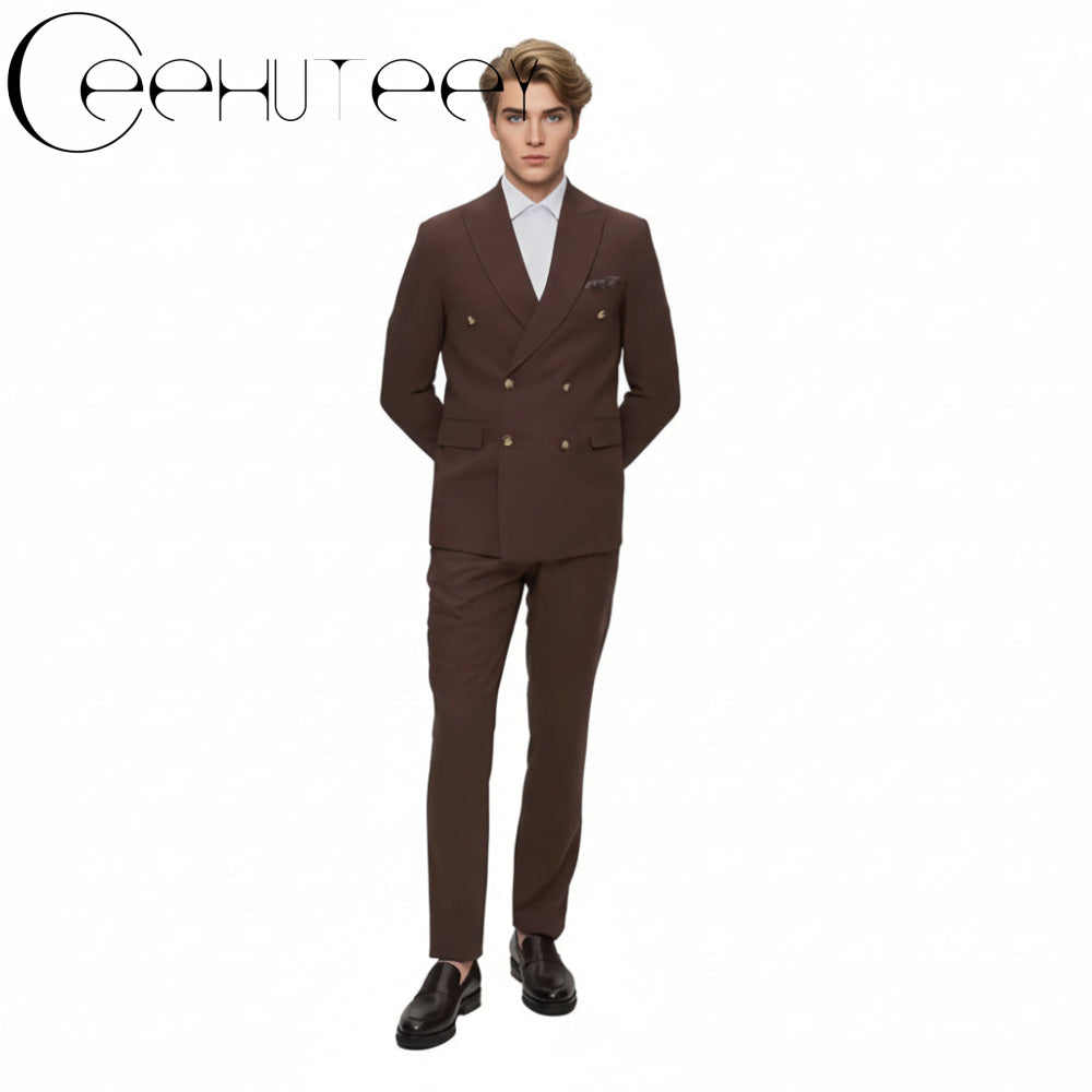 ceehuteey Men's Suit Fashion Leisure Coffee Double Breasted 2 Piece Business Tuxedos (Blazer+Pants)