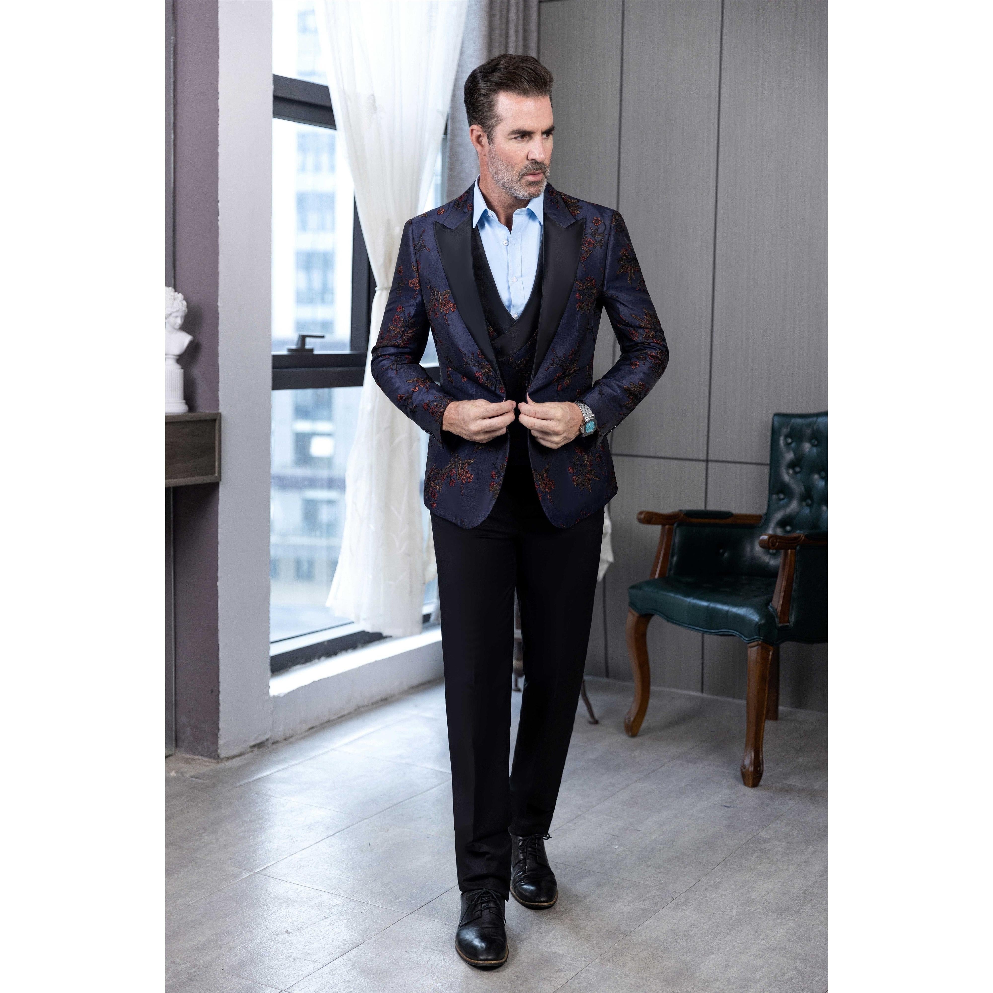 ceehuteey Men's Suit Patterned Peak Lapel 3 Piece Business Tuxedos For Wedding Party (Blazer + Vest + Pants)