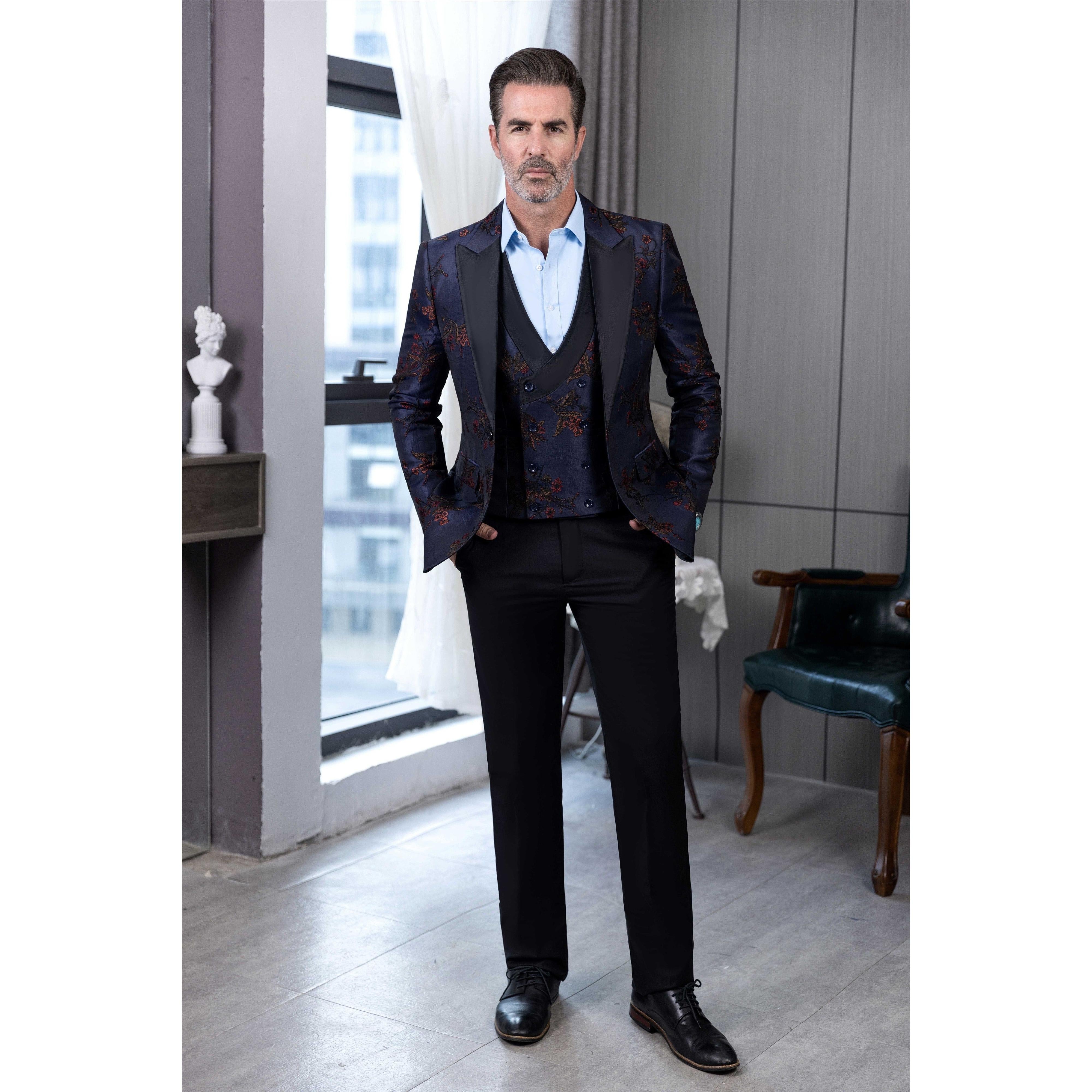 ceehuteey Men's Suit Patterned Peak Lapel 3 Piece Business Tuxedos For Wedding Party (Blazer + Vest + Pants)