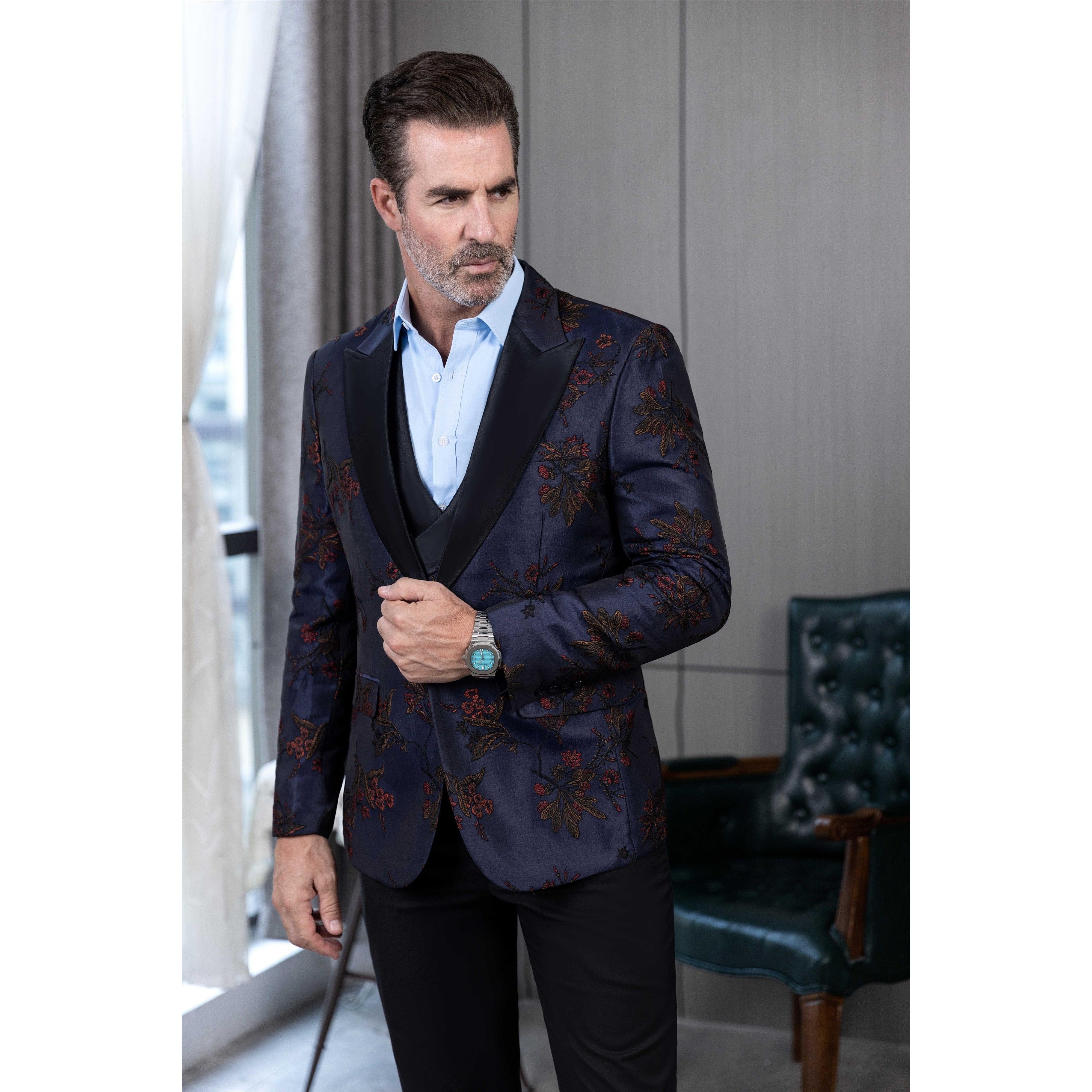 ceehuteey Men's Suit Patterned Peak Lapel 3 Piece Business Tuxedos For Wedding Party (Blazer + Vest + Pants)