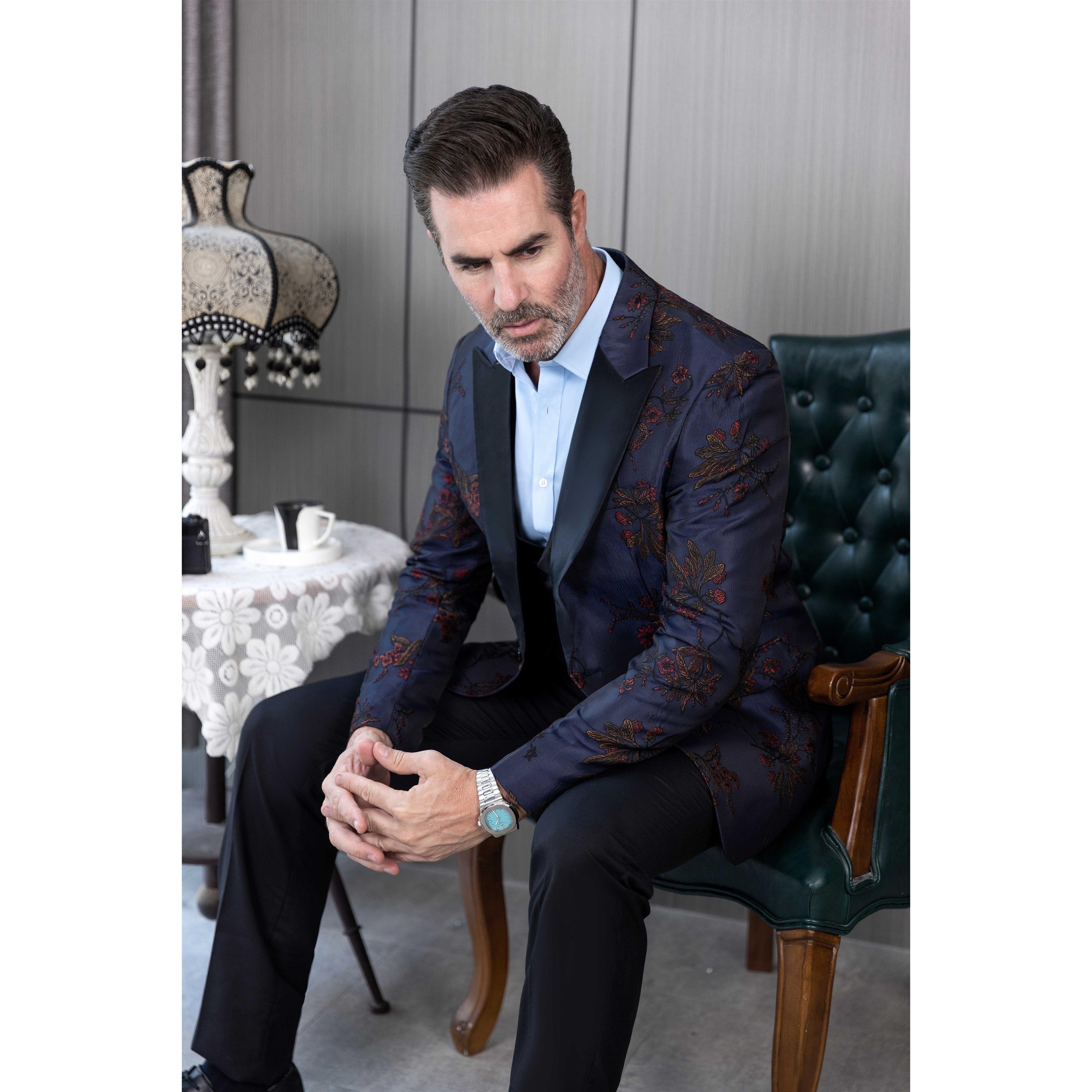 ceehuteey Men's Suit Patterned Peak Lapel 3 Piece Business Tuxedos For Wedding Party (Blazer + Vest + Pants)