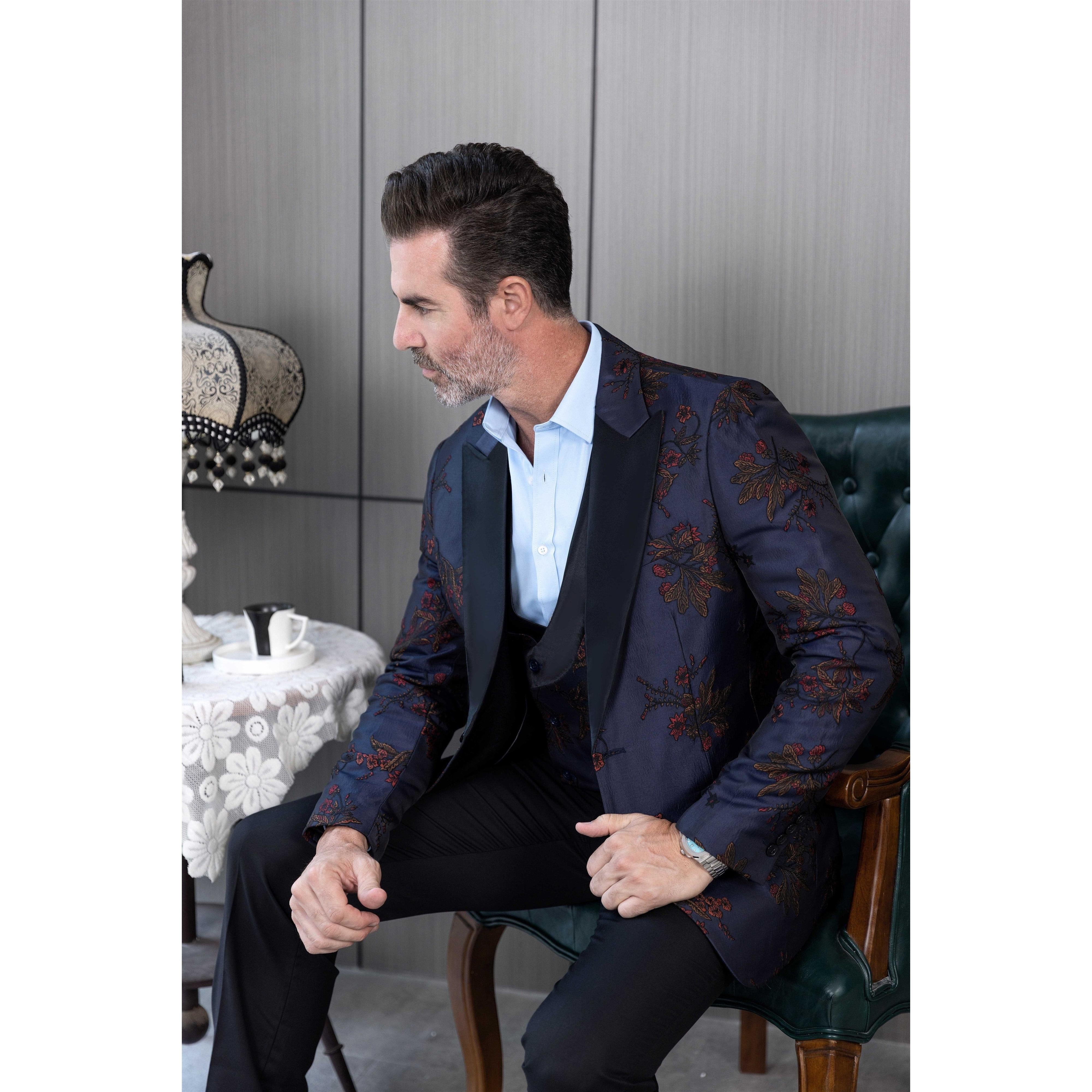 ceehuteey Men's Suit Patterned Peak Lapel 3 Piece Business Tuxedos For Wedding Party (Blazer + Vest + Pants)