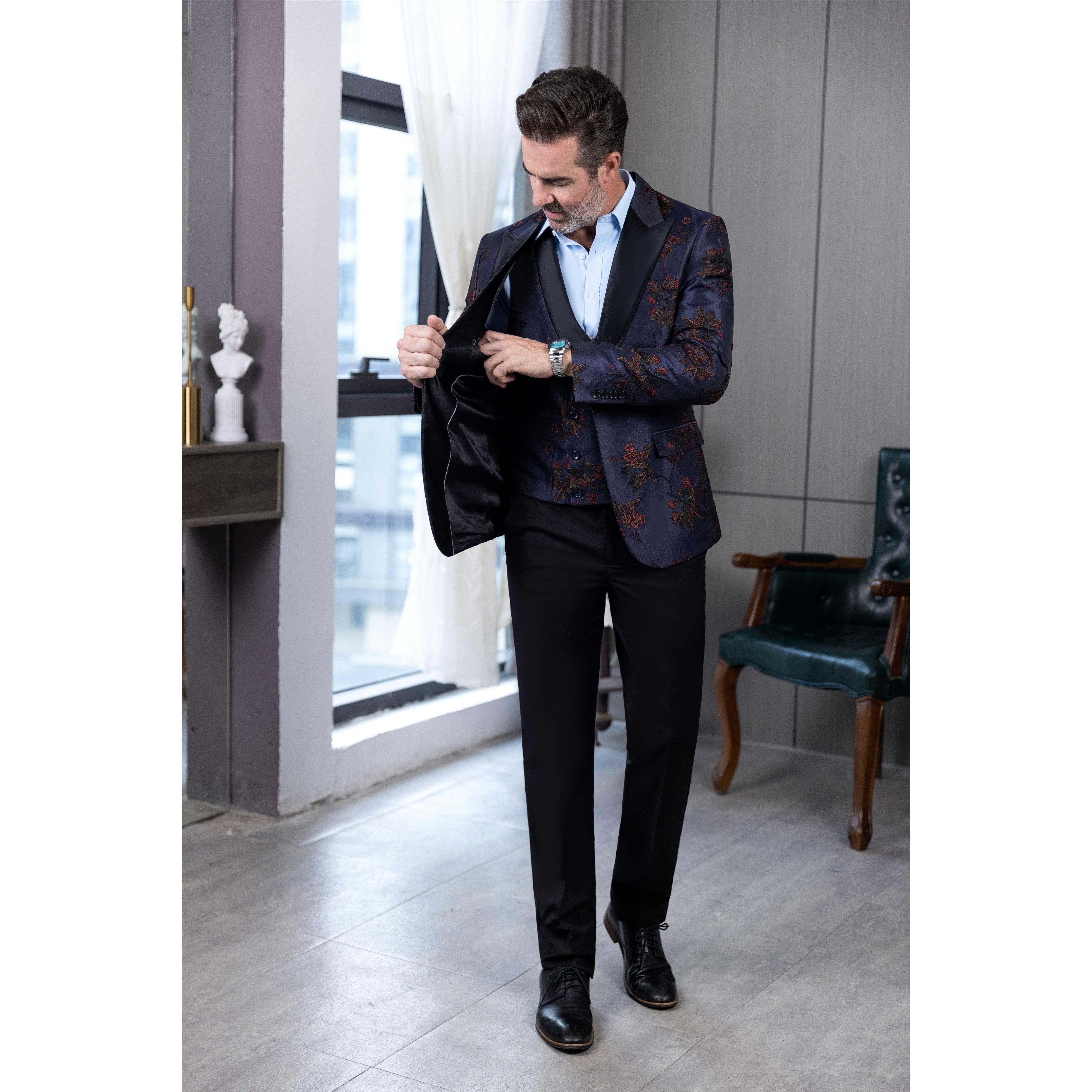 ceehuteey Men's Suit Patterned Peak Lapel 3 Piece Business Tuxedos For Wedding Party (Blazer + Vest + Pants)