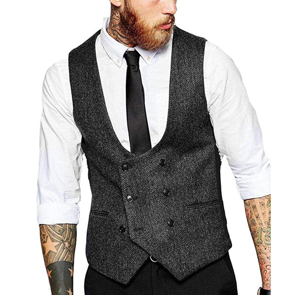 ceehuteey Men's Tweed Herringbone Double Breasted U Neck Waistcoat