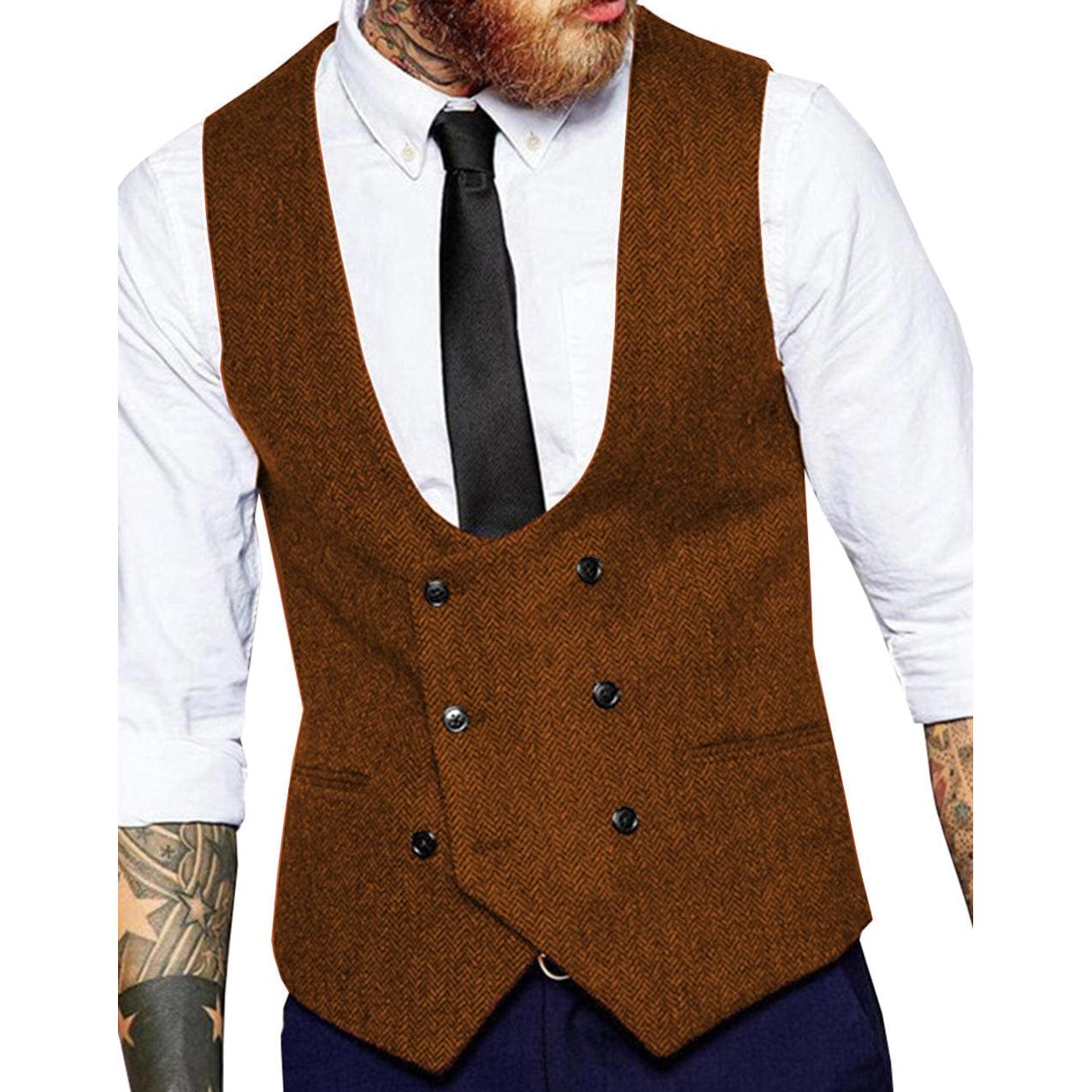 ceehuteey Men's Tweed Herringbone Double Breasted U Neck Waistcoat