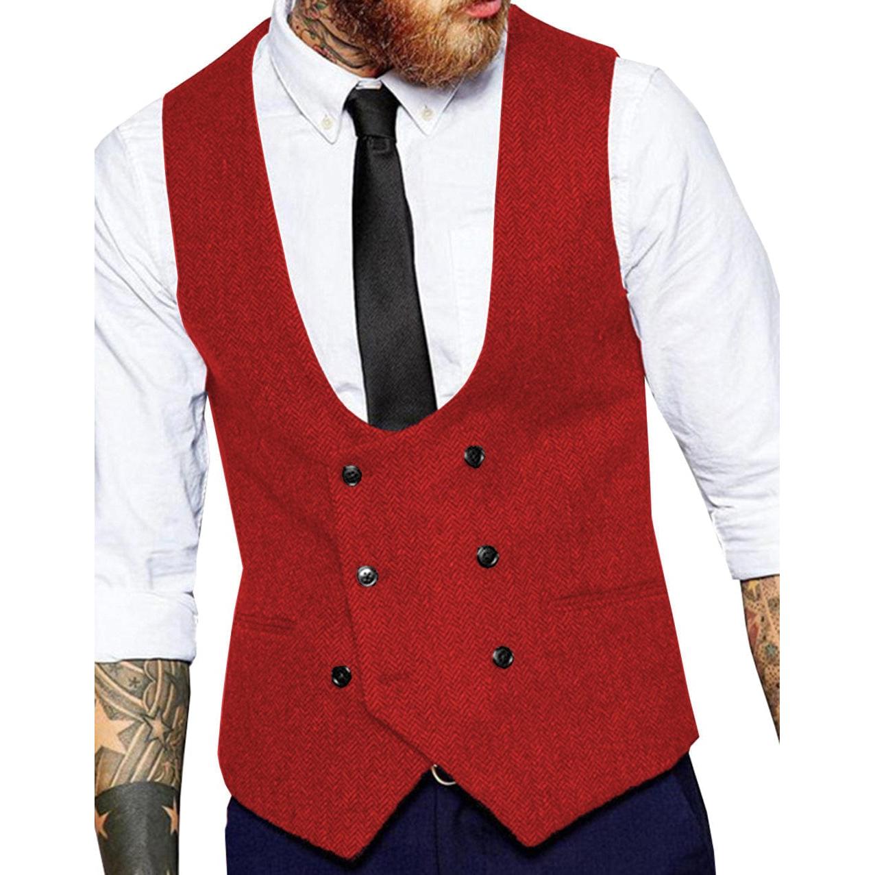 ceehuteey Men's Tweed Herringbone Double Breasted U Neck Waistcoat