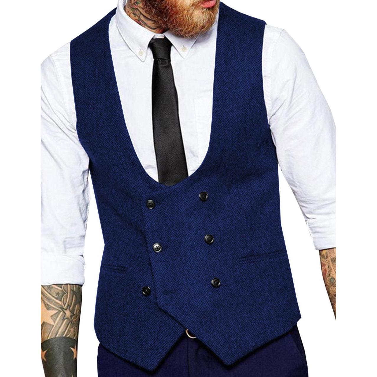 ceehuteey Men's Tweed Herringbone Double Breasted U Neck Waistcoat