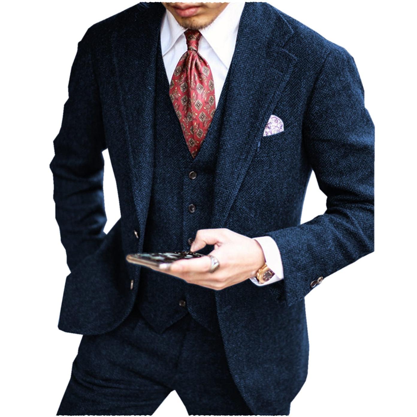 ceehuteey men’s tweed herringbone suits 3 piece suits formal regular fit wedding groom suits (blazer+vest+pants)