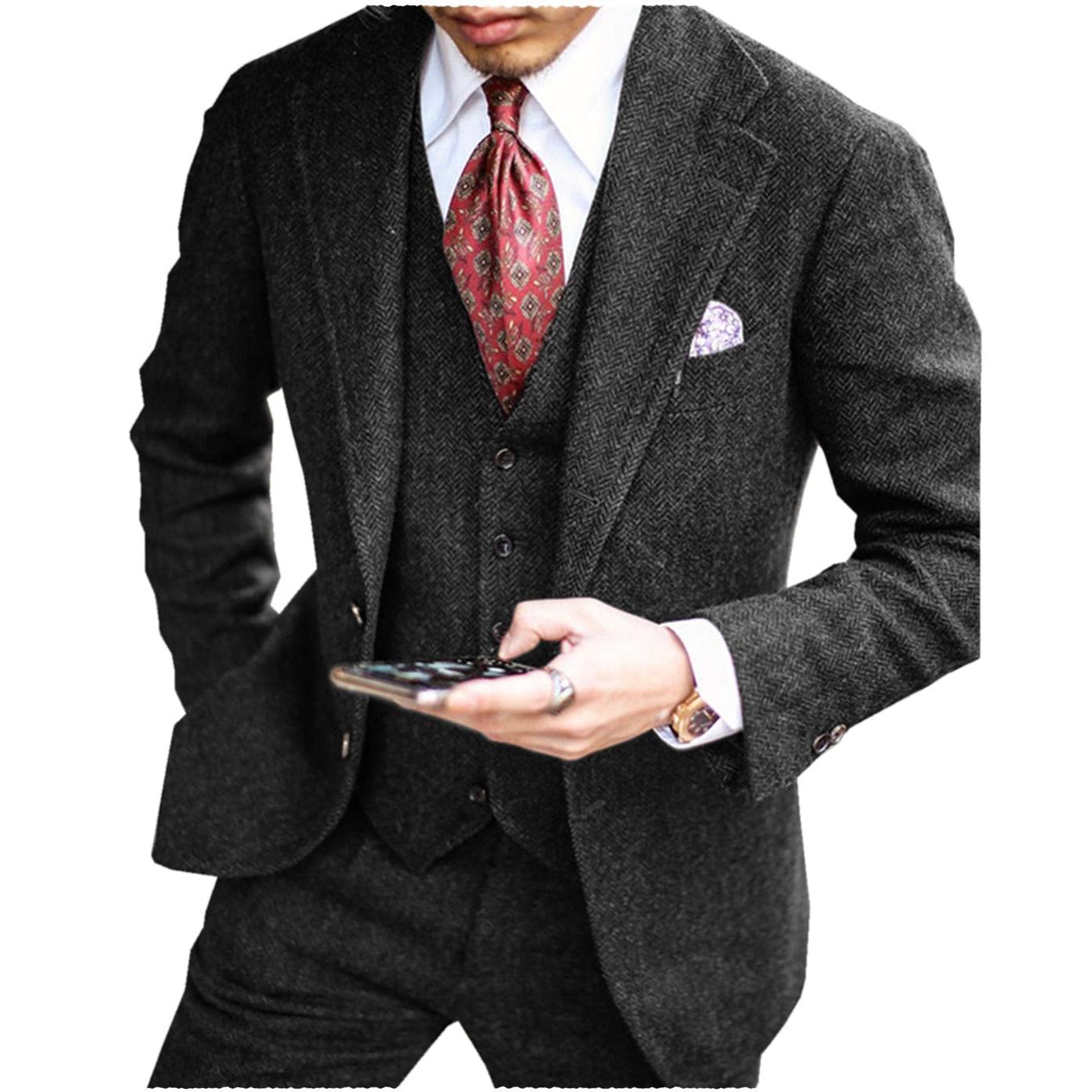 ceehuteey men’s tweed herringbone suits 3 piece suits formal regular fit wedding groom suits (blazer+vest+pants)