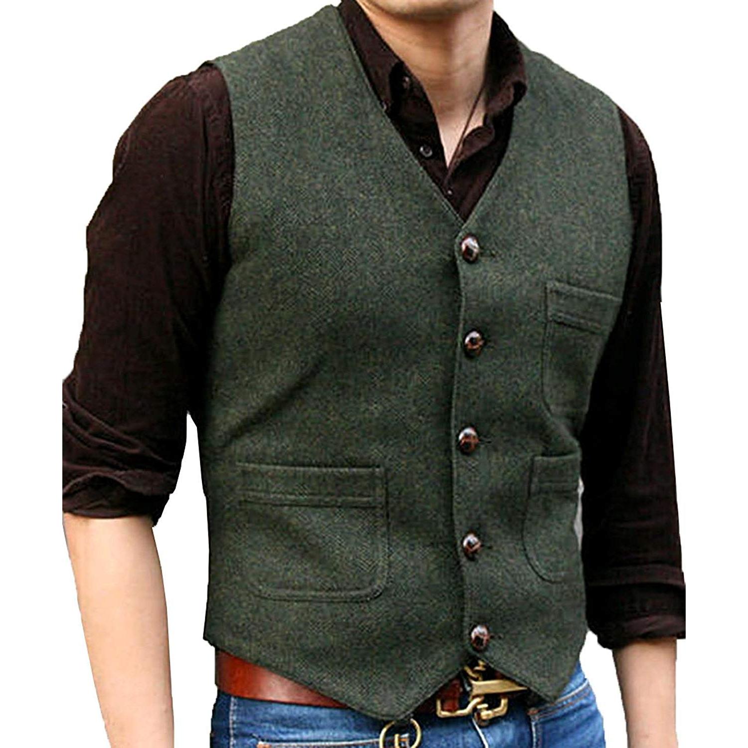ceehuteey Men's Tweed Herringbone Vintage V Neck Waistcoat