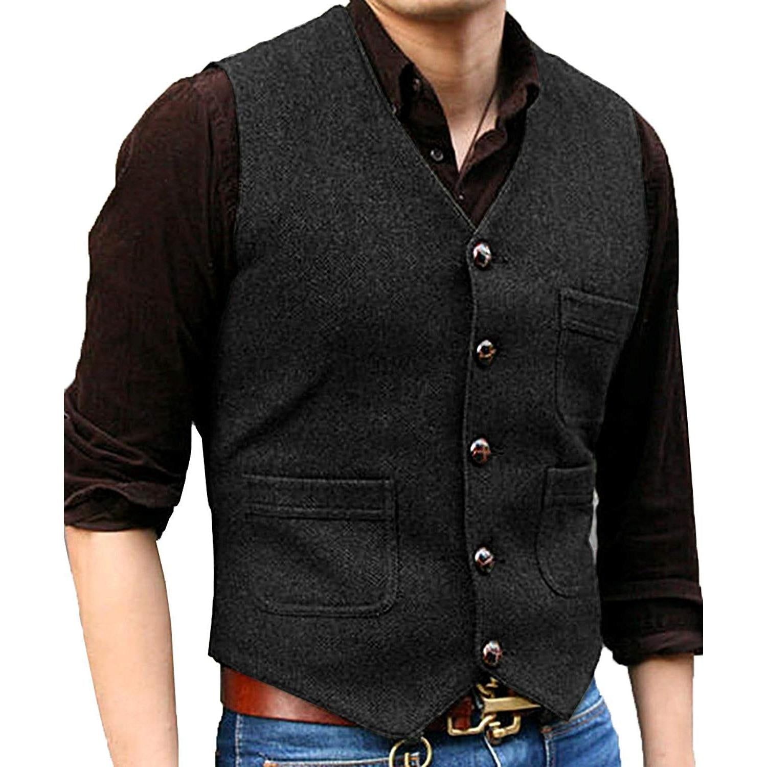 ceehuteey Men's Tweed Herringbone Vintage V Neck Waistcoat