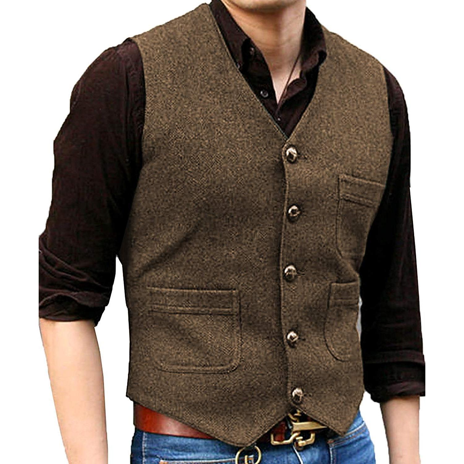 ceehuteey Men's Tweed Herringbone Vintage V Neck Waistcoat