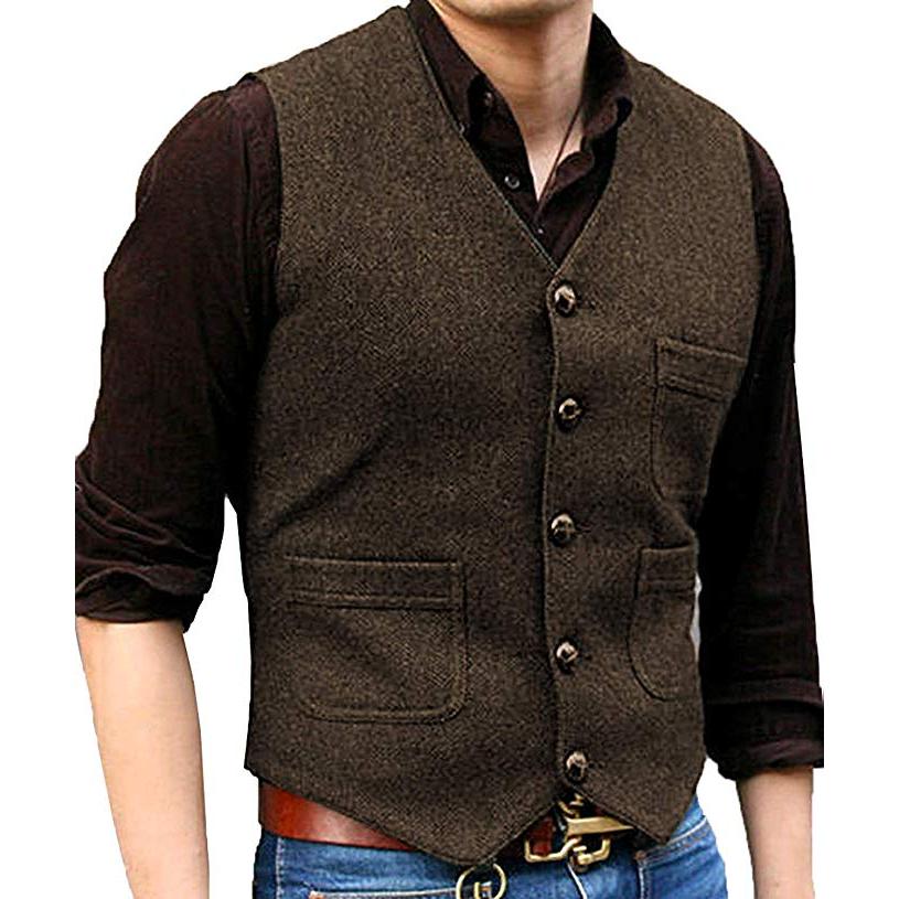 ceehuteey Men's Tweed Herringbone Vintage V Neck Waistcoat