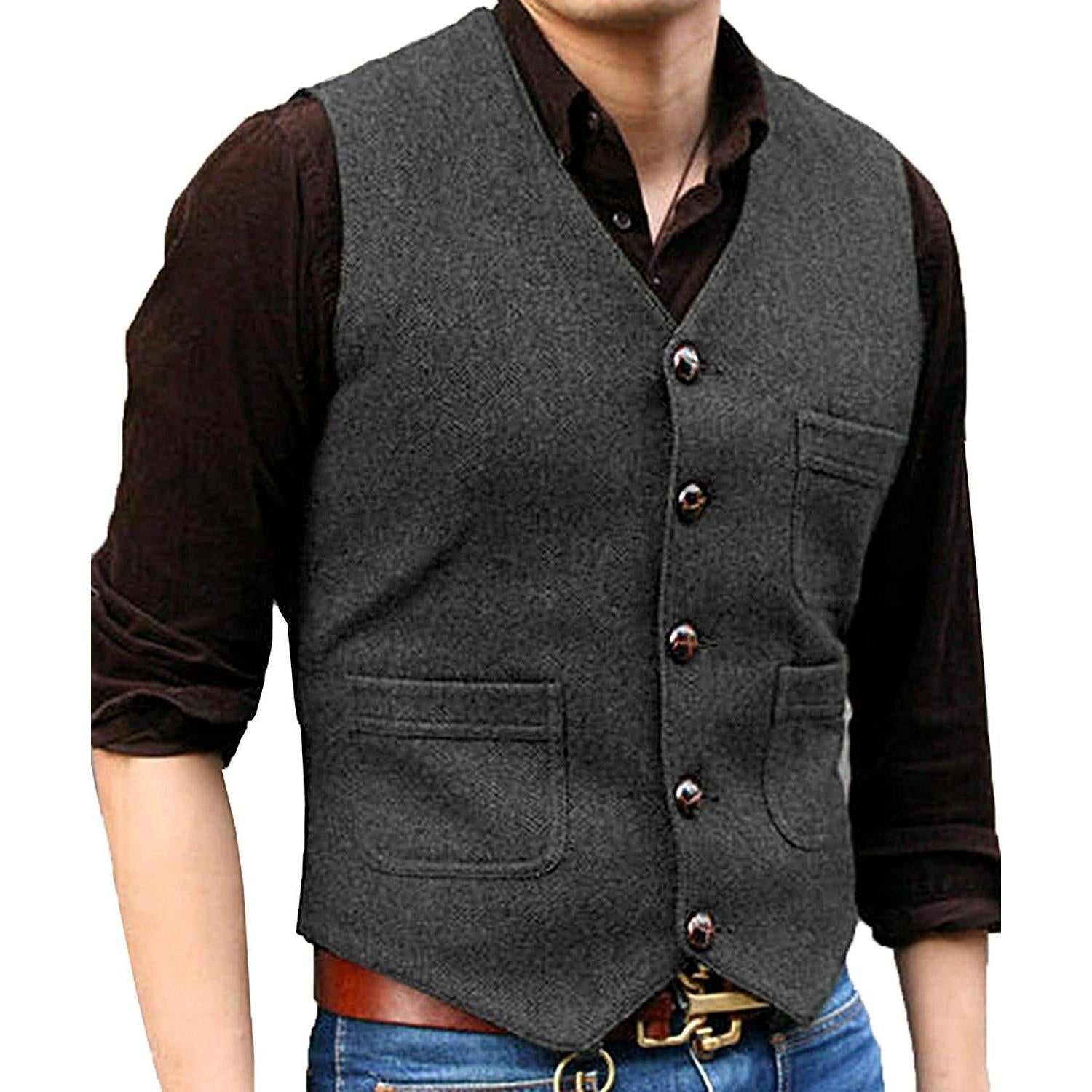 ceehuteey Men's Tweed Herringbone Vintage V Neck Waistcoat