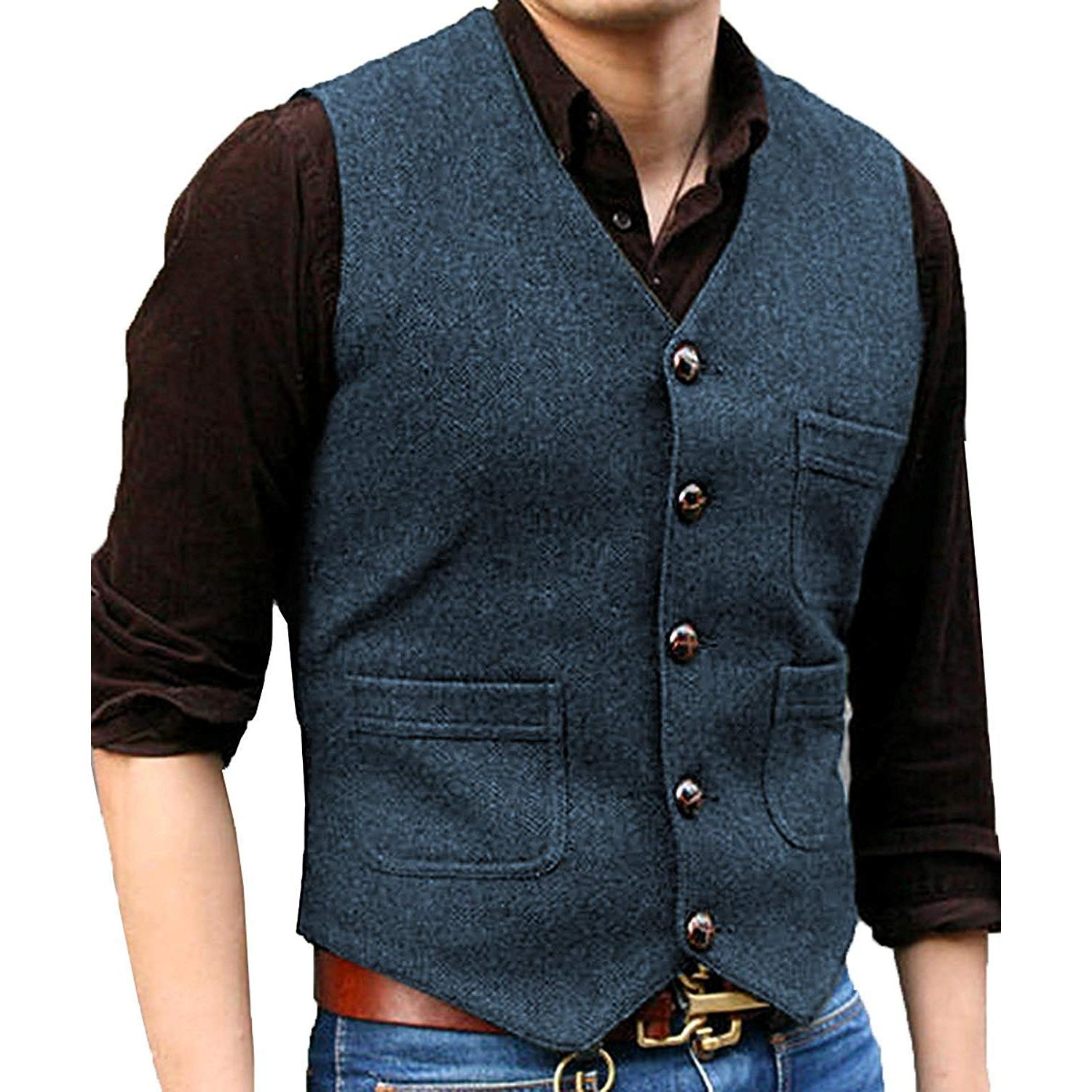 ceehuteey Men's Tweed Herringbone Vintage V Neck Waistcoat