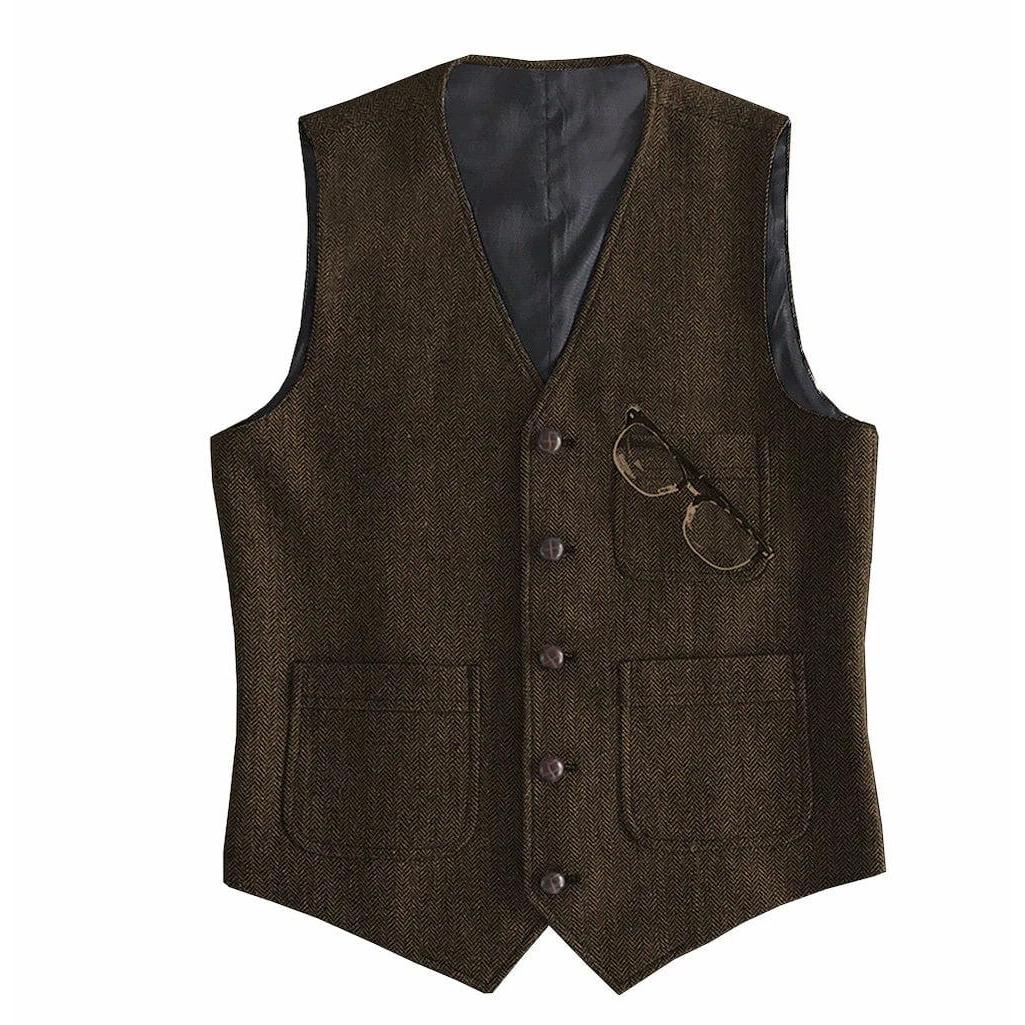 ceehuteey Men's Tweed Herringbone Vintage V Neck Waistcoat