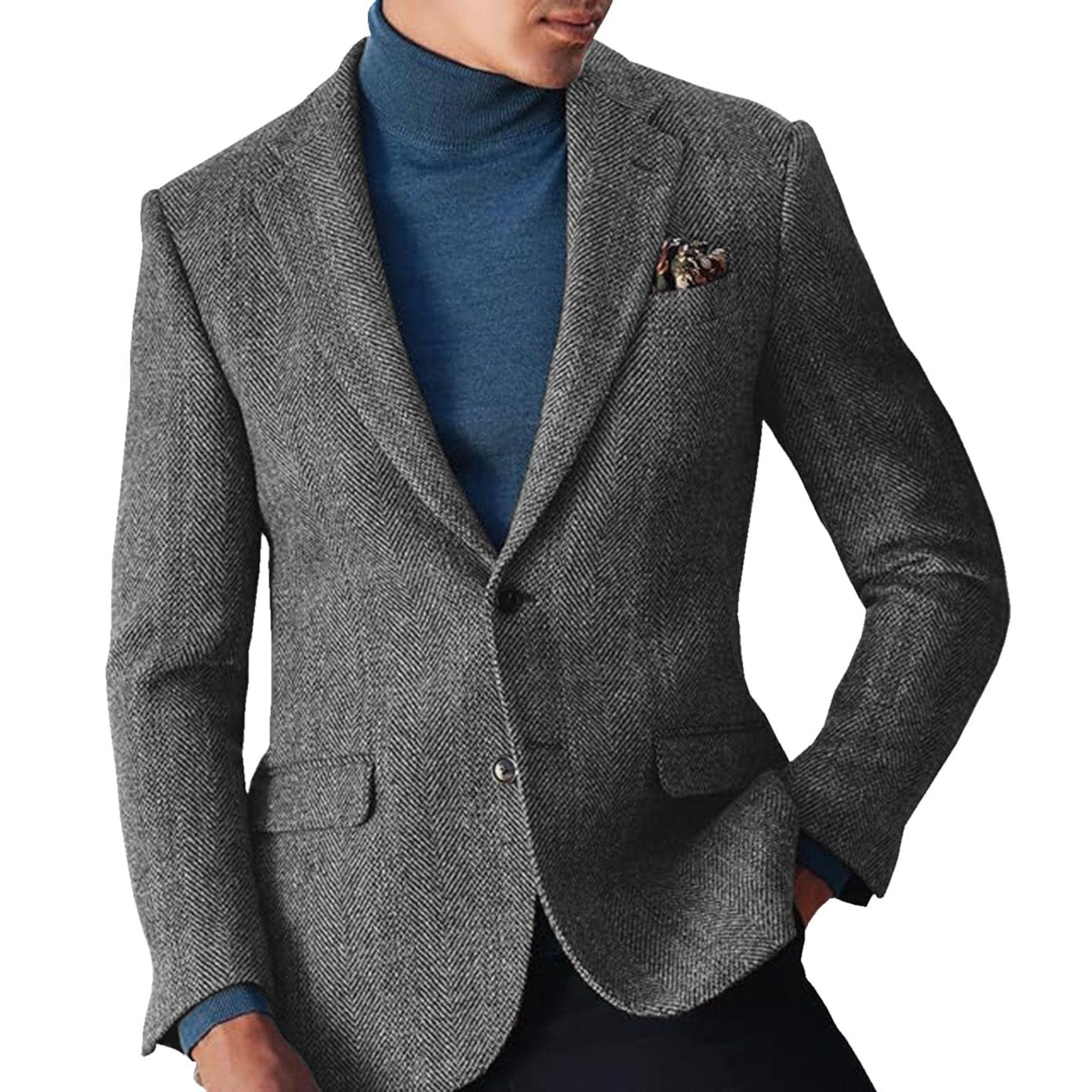 ceehuteey Men's winter Leisure Wool Herringbone Tweed Formal Notch Lapel Blazer
