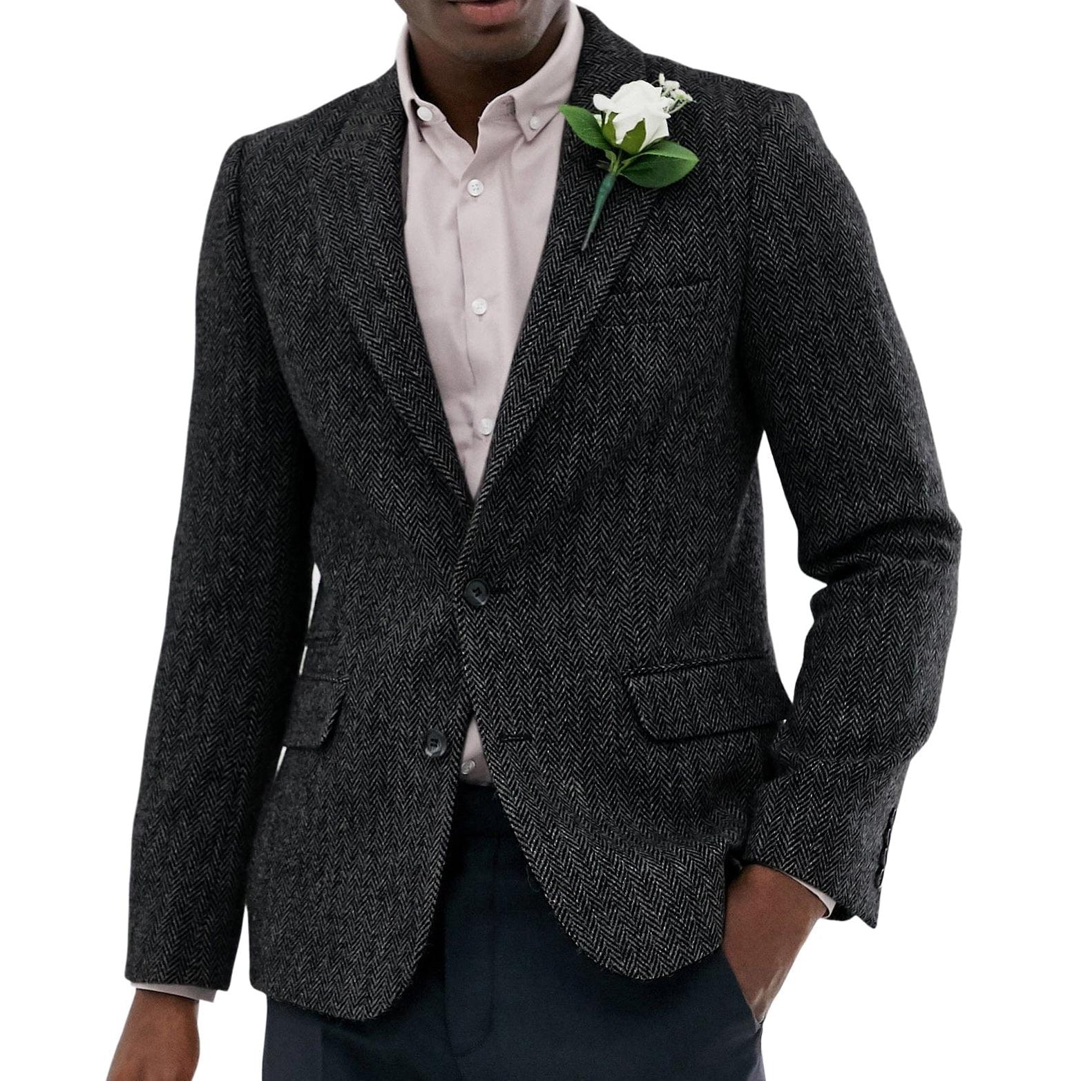 ceehuteey Men's Wool Herringbone Formal Notch Lapel Blazer