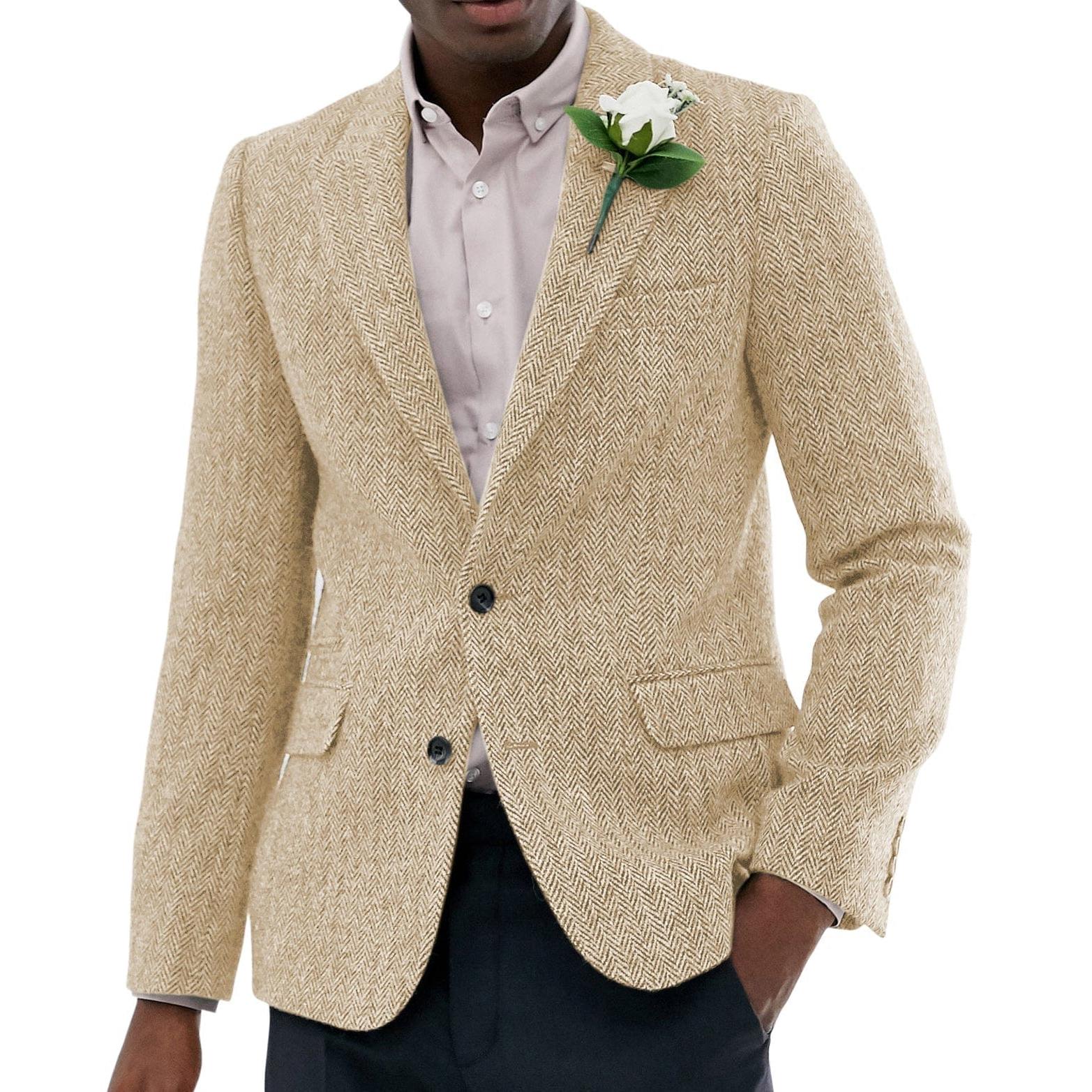 ceehuteey Men's Wool Herringbone Formal Notch Lapel Blazer
