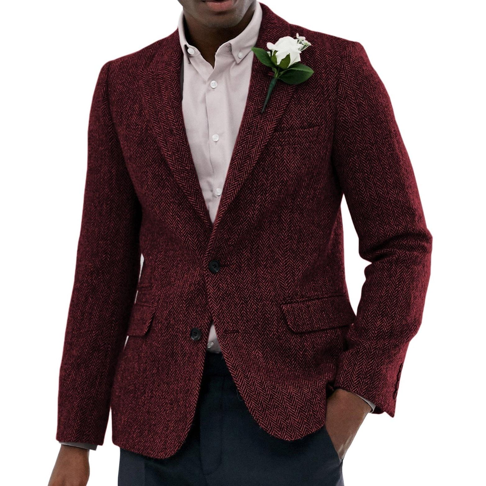 ceehuteey Men's Wool Herringbone Formal Notch Lapel Blazer