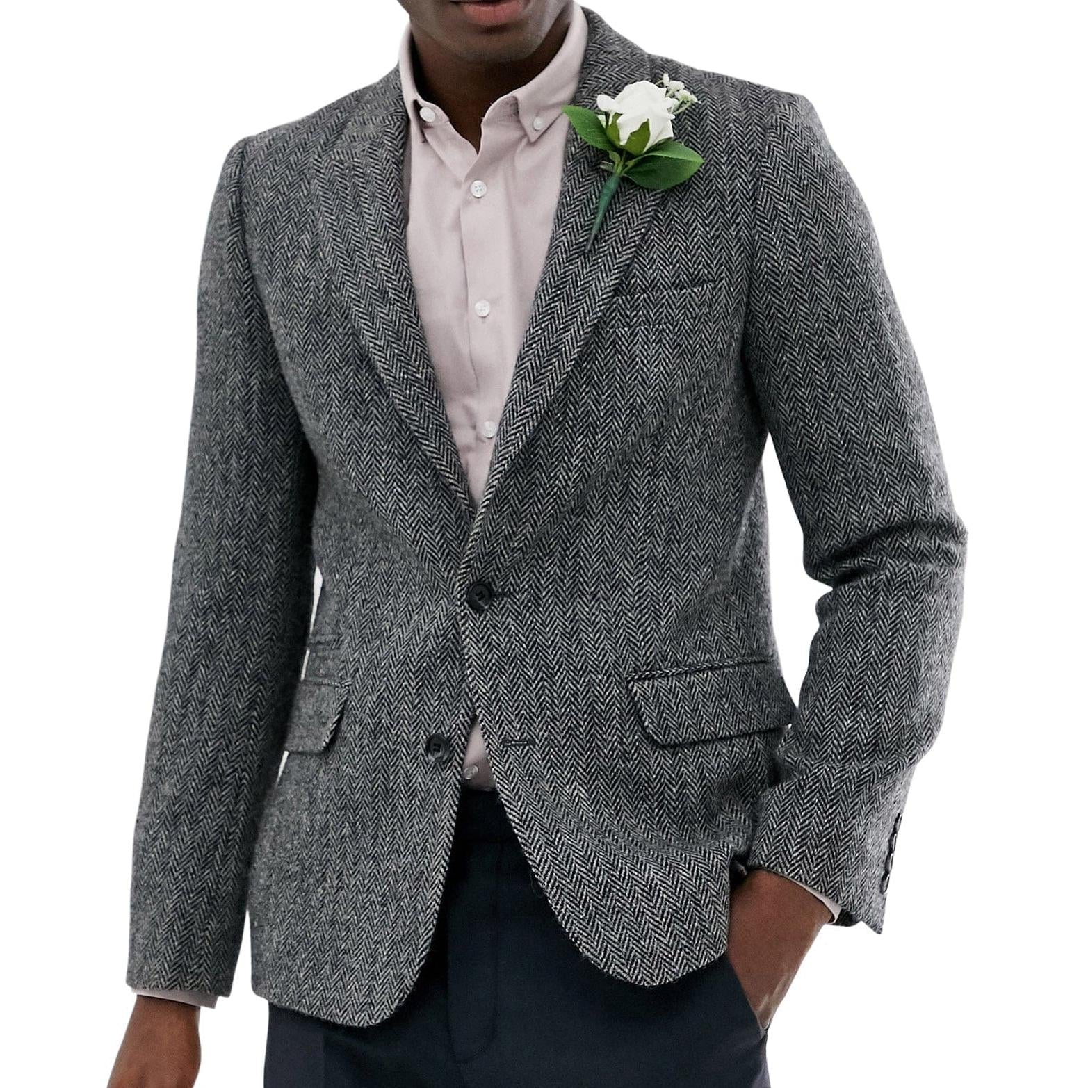 ceehuteey Men's Wool Herringbone Formal Notch Lapel Blazer