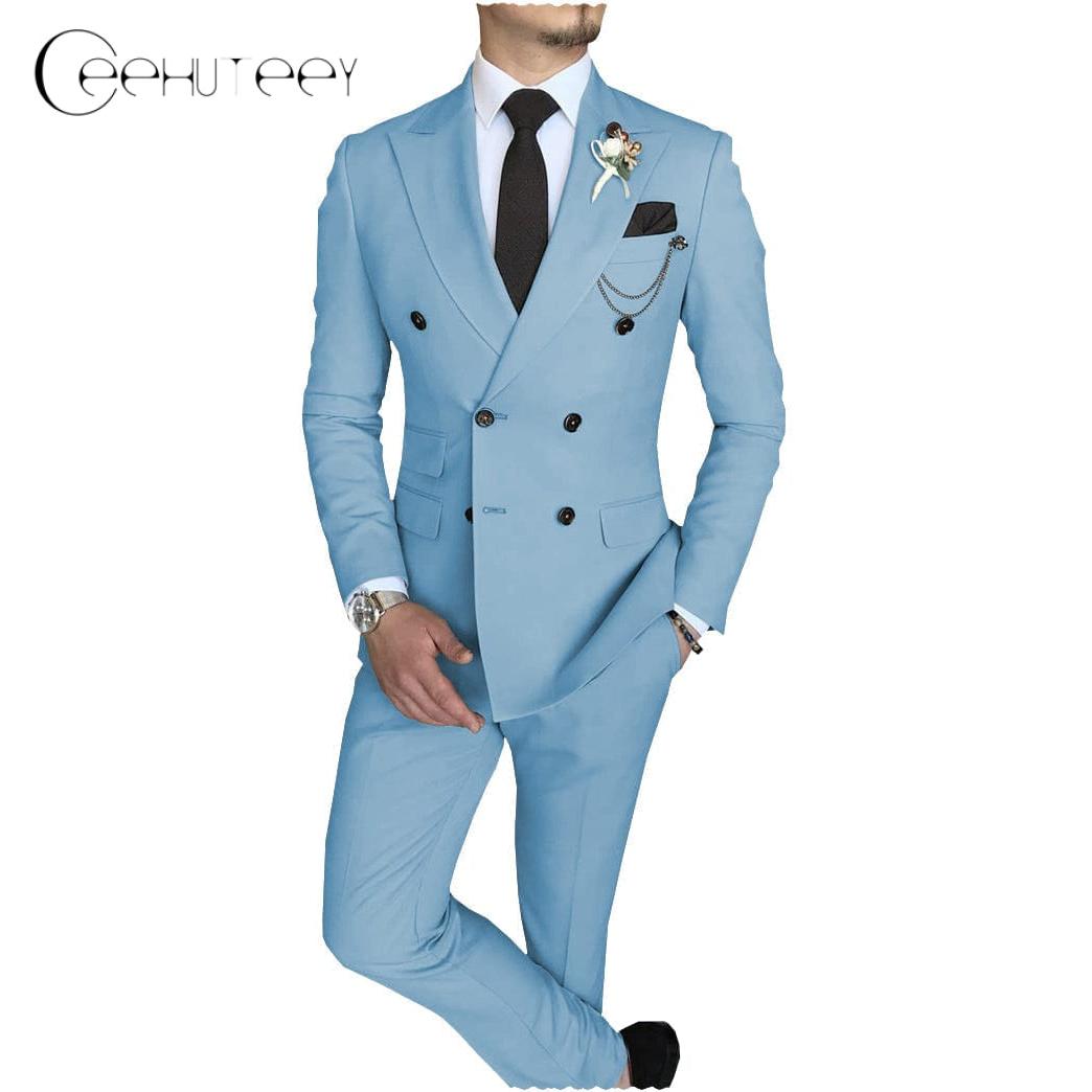 ceehuteey Mens 2 Piece Suit Slim Fit Double Breasted Peak Lapel Mens Coat (Blazer+Pants)