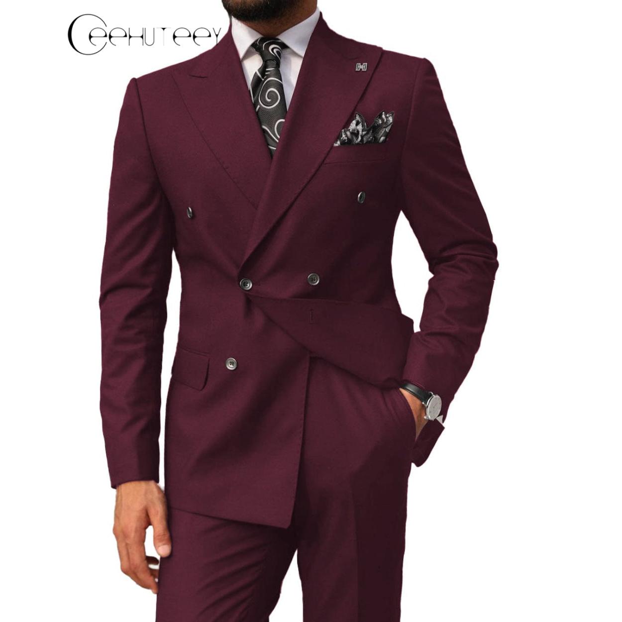 ceehuteey Mens 2 Pieces Suit Slim Fit Business Double Breasted Peak Lapel Tuxedos (Blazer+Pants)