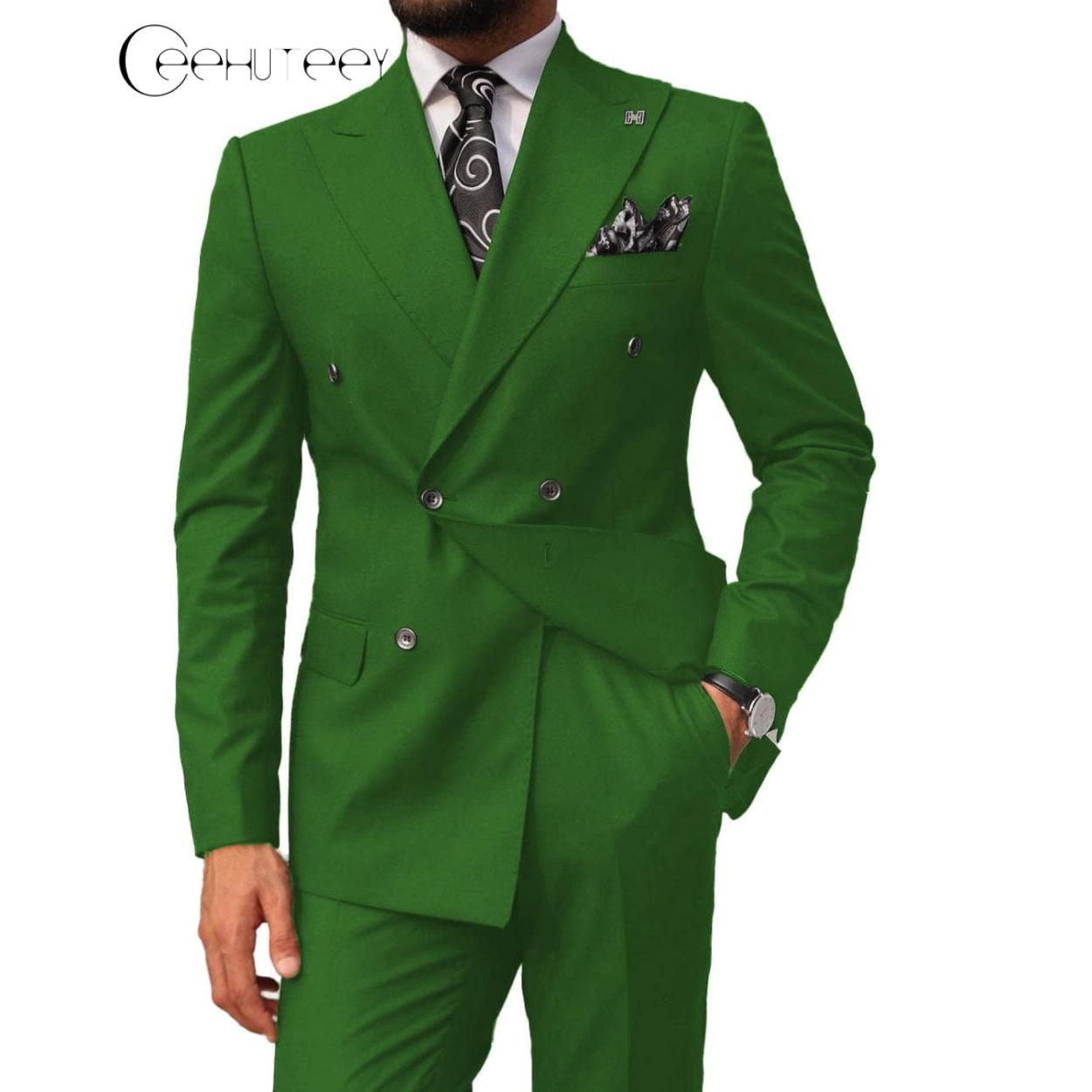 ceehuteey Mens 2 Pieces Suit Slim Fit Business Double Breasted Peak Lapel Tuxedos (Blazer+Pants)