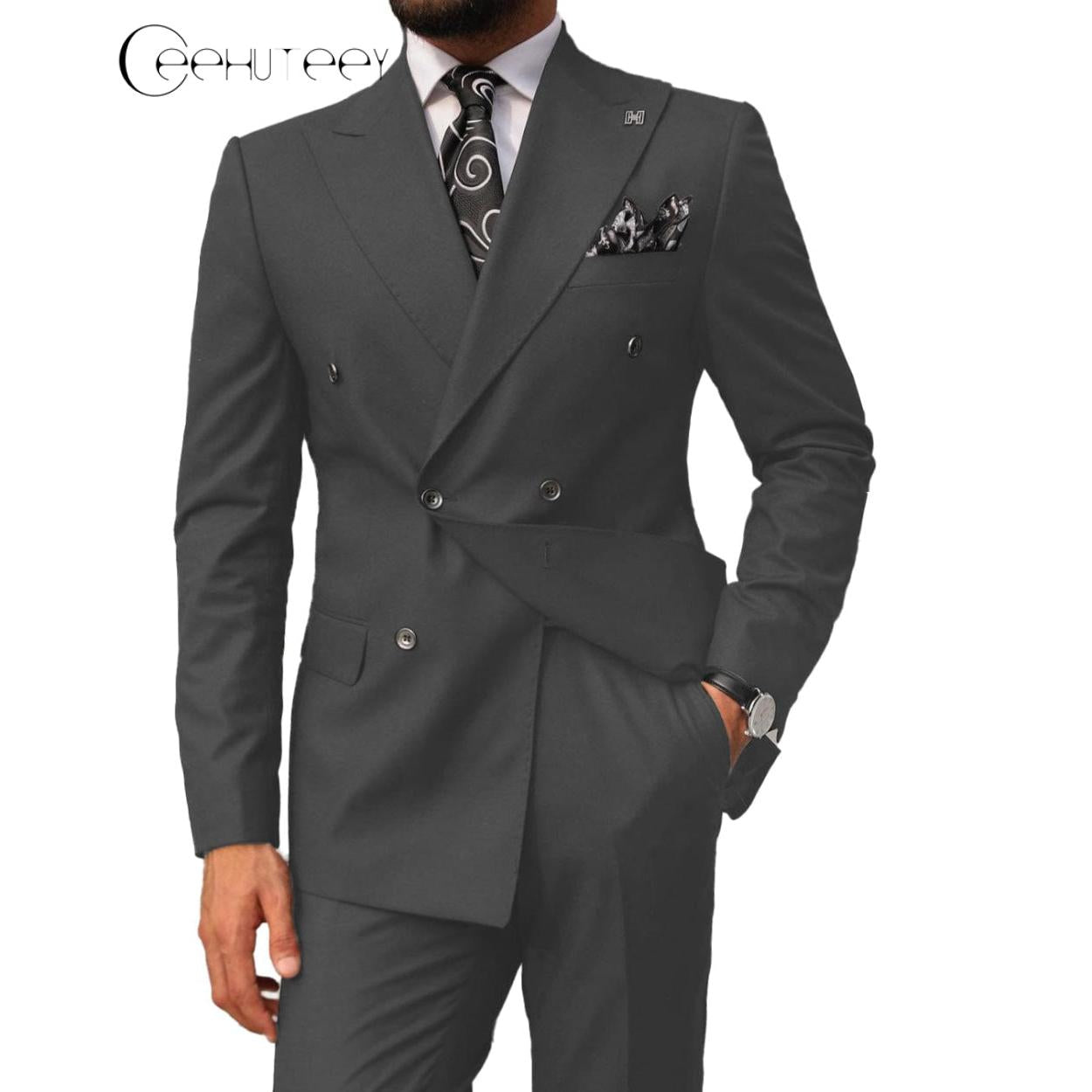 ceehuteey Mens 2 Pieces Suit Slim Fit Business Double Breasted Peak Lapel Tuxedos (Blazer+Pants)