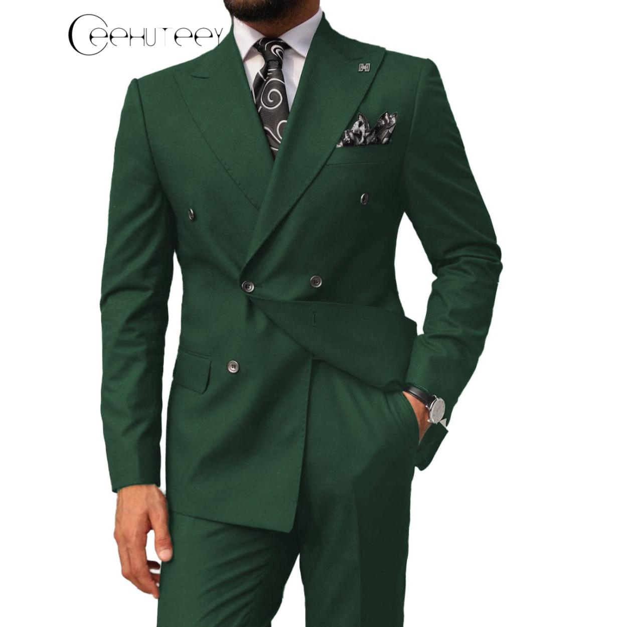 ceehuteey Mens 2 Pieces Suit Slim Fit Business Double Breasted Peak Lapel Tuxedos (Blazer+Pants)