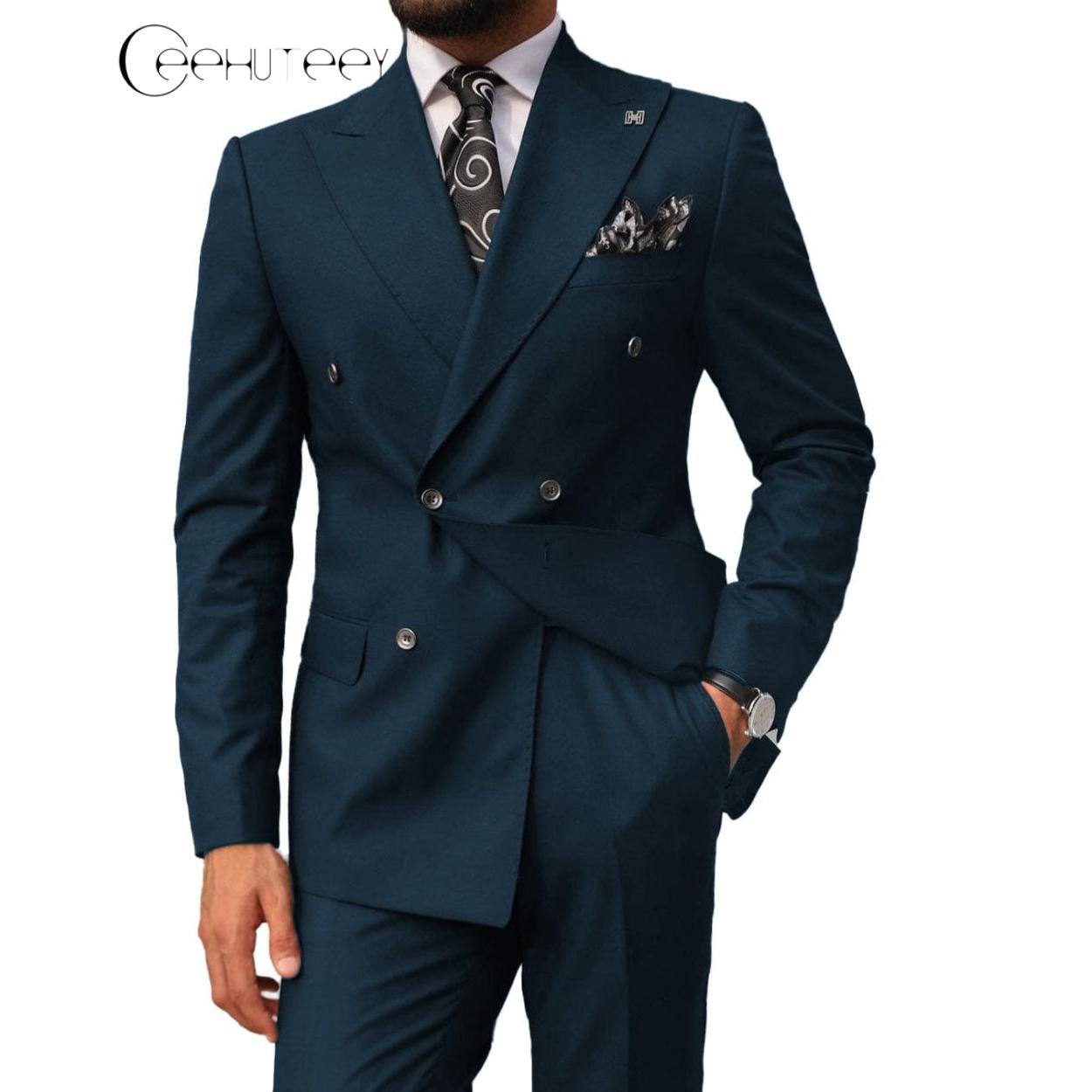 ceehuteey Mens 2 Pieces Suit Slim Fit Business Double Breasted Peak Lapel Tuxedos (Blazer+Pants)