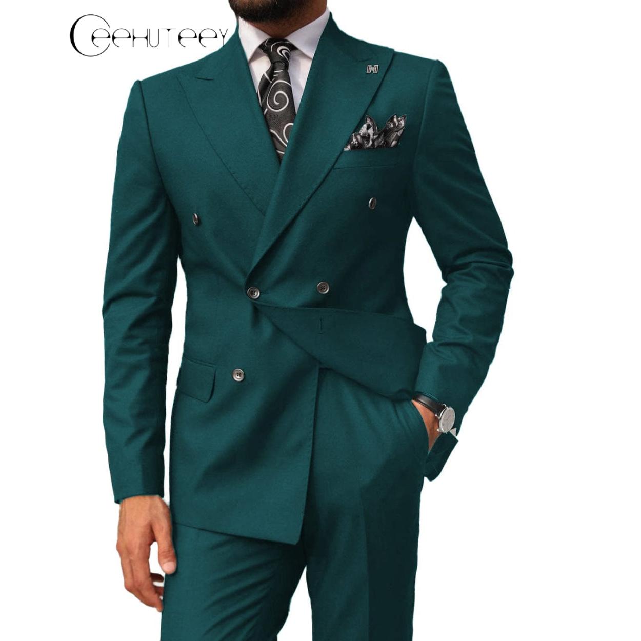 ceehuteey Mens 2 Pieces Suit Slim Fit Business Double Breasted Peak Lapel Tuxedos (Blazer+Pants)