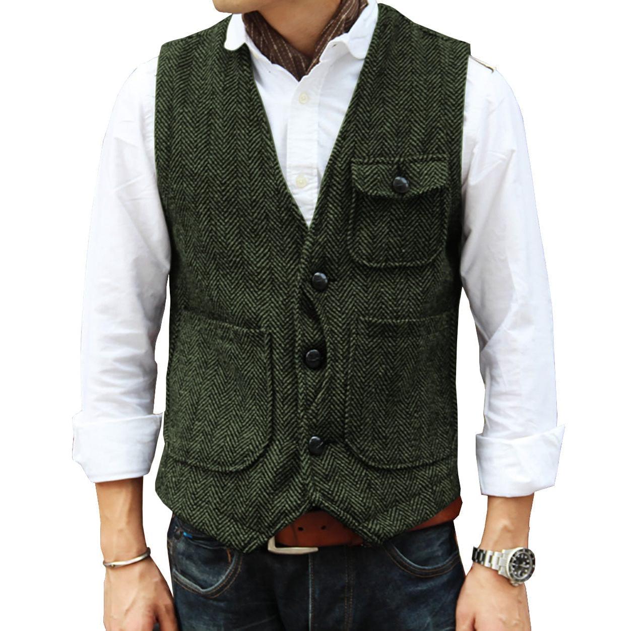 ceehuteey Mens Causual V Neck Tweed Herringbone Waistcoat