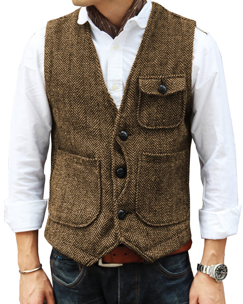 ceehuteey Mens Causual V Neck Tweed Herringbone Waistcoat