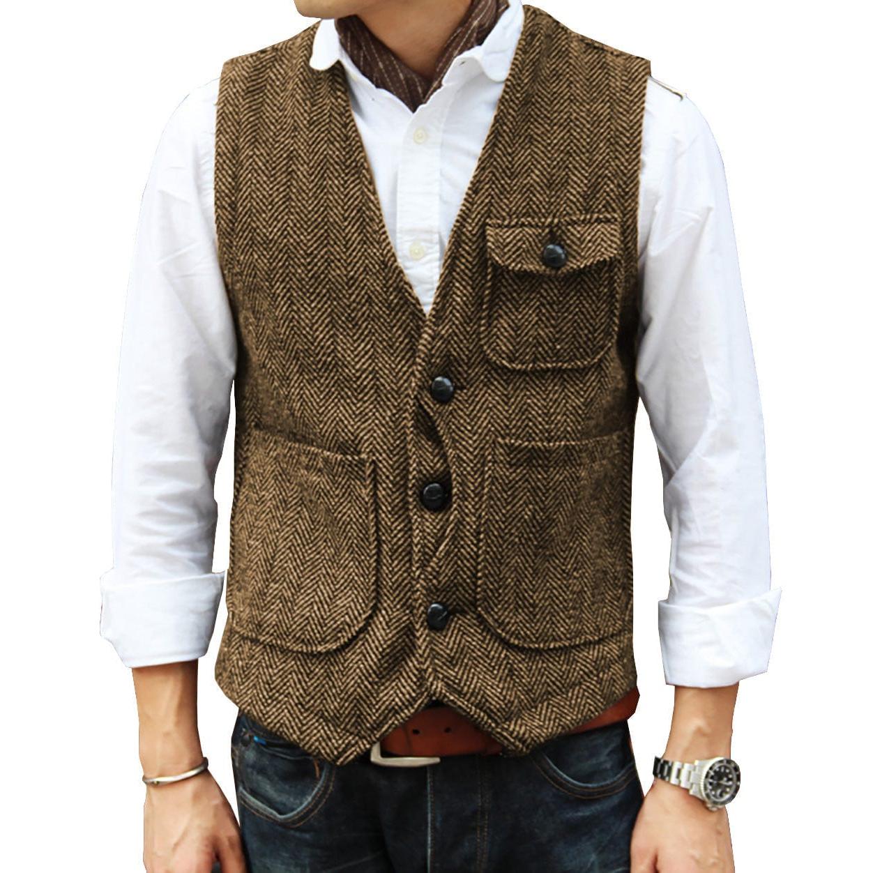 ceehuteey Mens Causual V Neck Tweed Herringbone Waistcoat