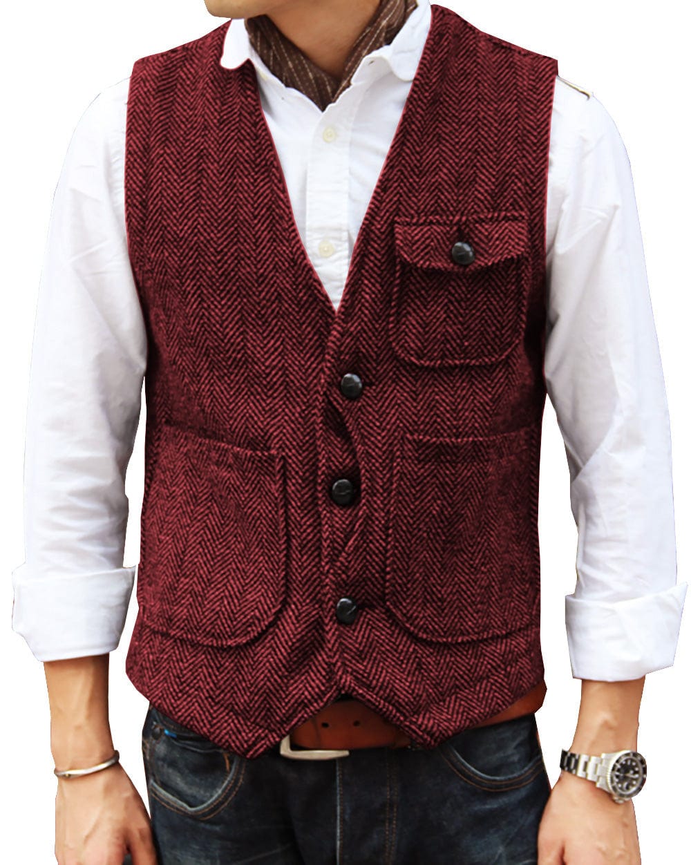 ceehuteey Mens Causual V Neck Tweed Herringbone Waistcoat