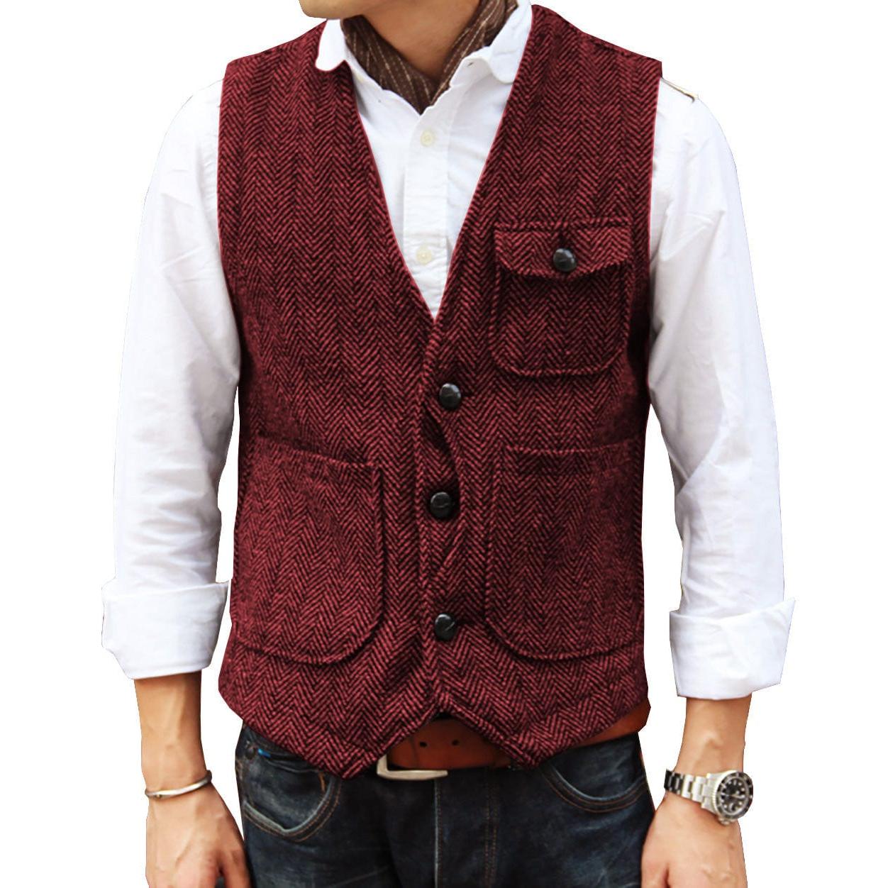 ceehuteey Mens Causual V Neck Tweed Herringbone Waistcoat