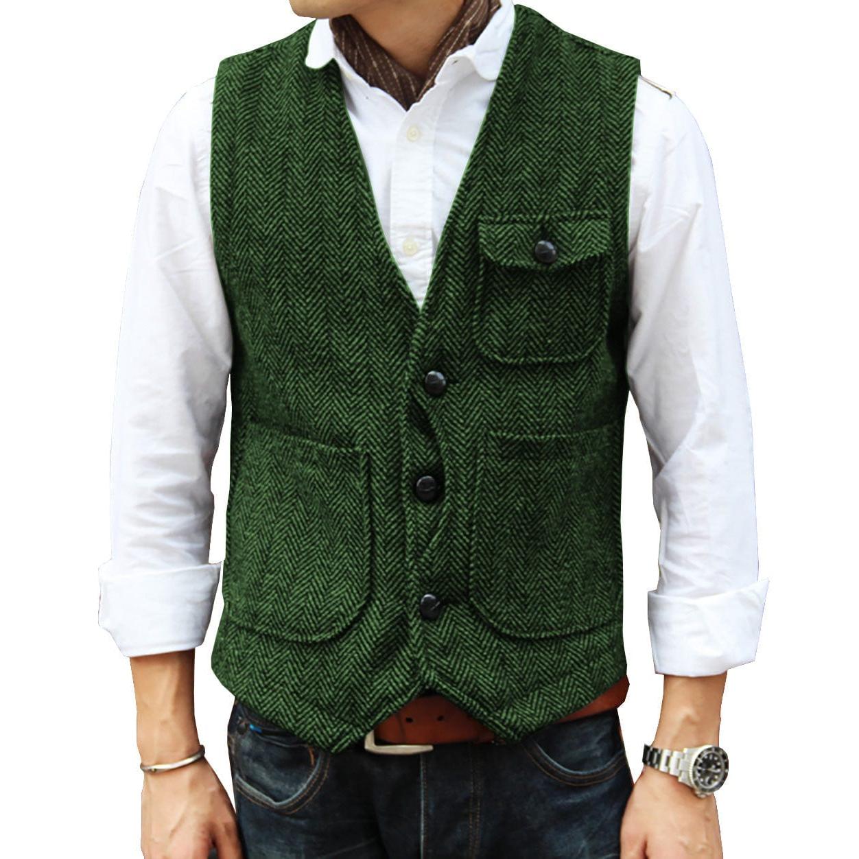 ceehuteey Mens Causual V Neck Tweed Herringbone Waistcoat
