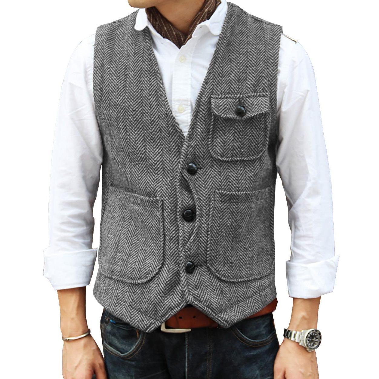 ceehuteey Mens Causual V Neck Tweed Herringbone Waistcoat
