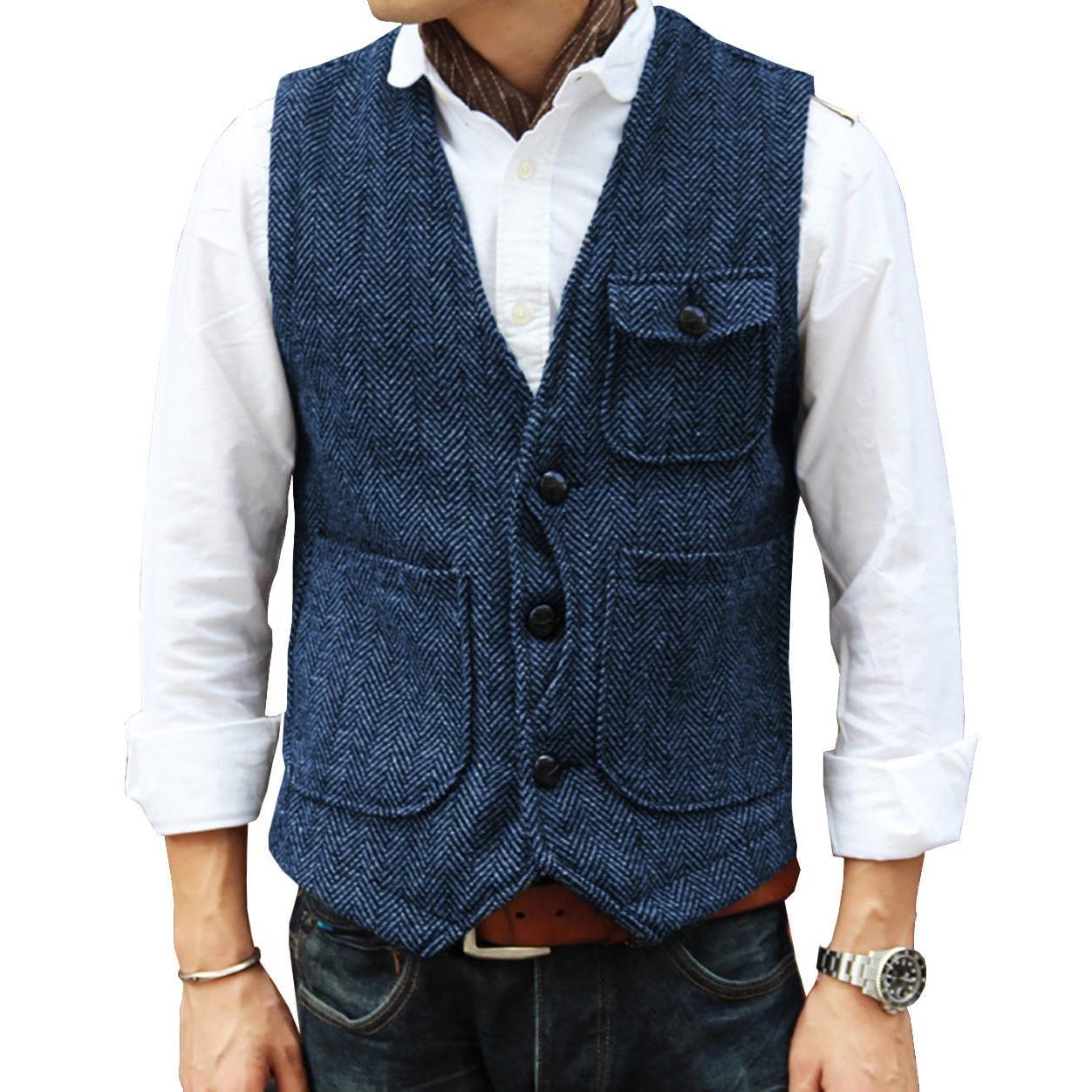 ceehuteey Mens Causual V Neck Tweed Herringbone Waistcoat