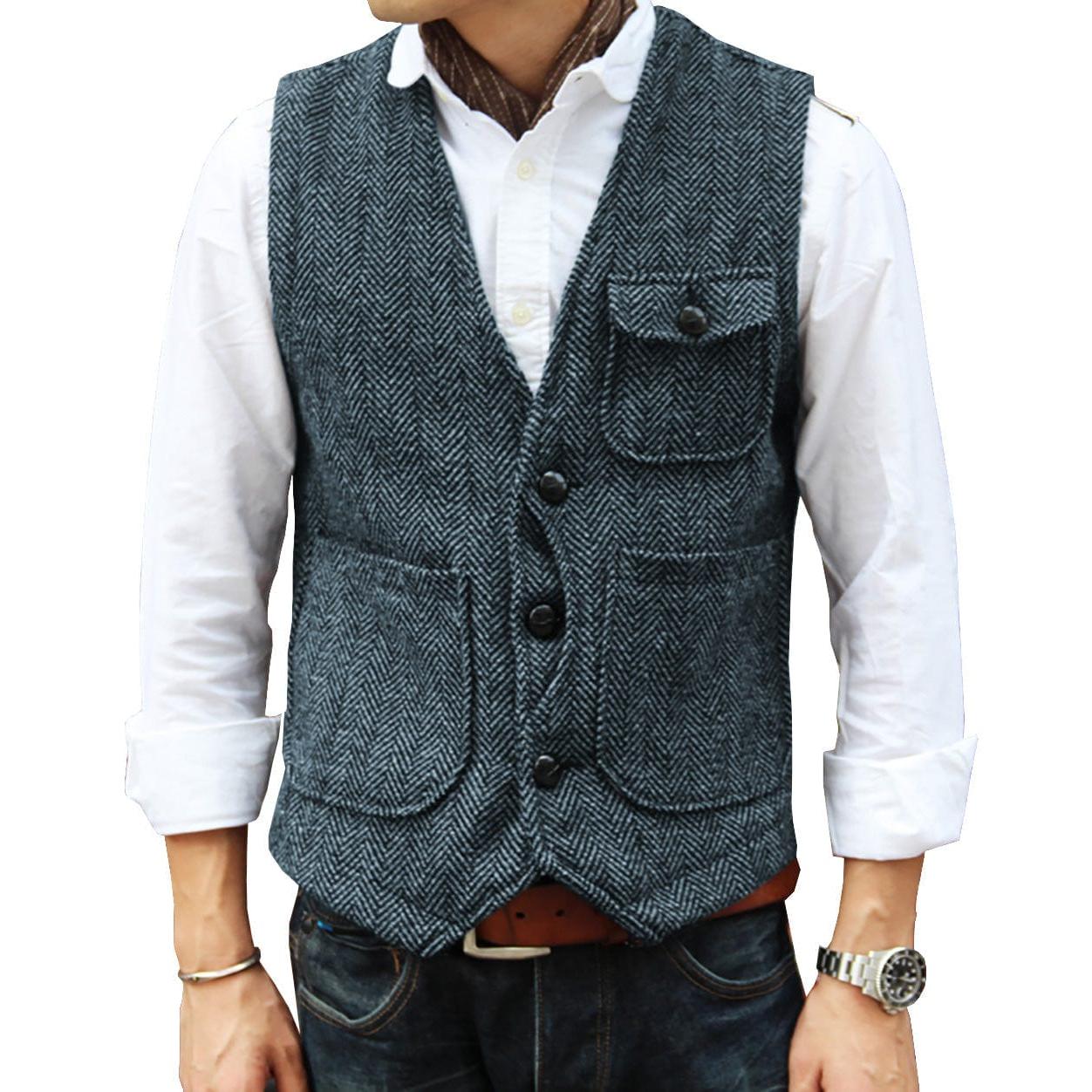 ceehuteey Mens Causual V Neck Tweed Herringbone Waistcoat