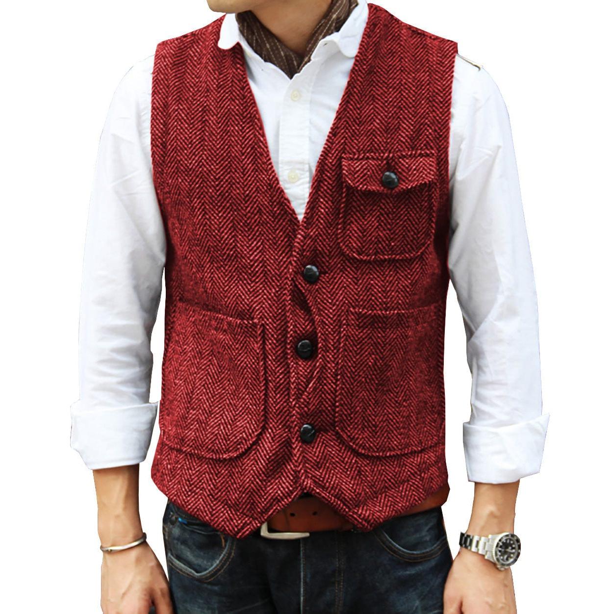 ceehuteey Mens Causual V Neck Tweed Herringbone Waistcoat