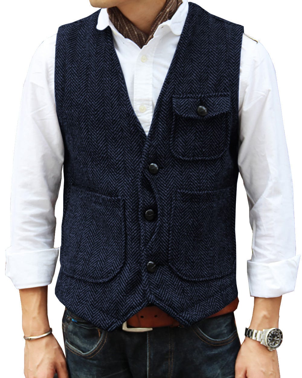 ceehuteey Mens Causual V Neck Tweed Herringbone Waistcoat